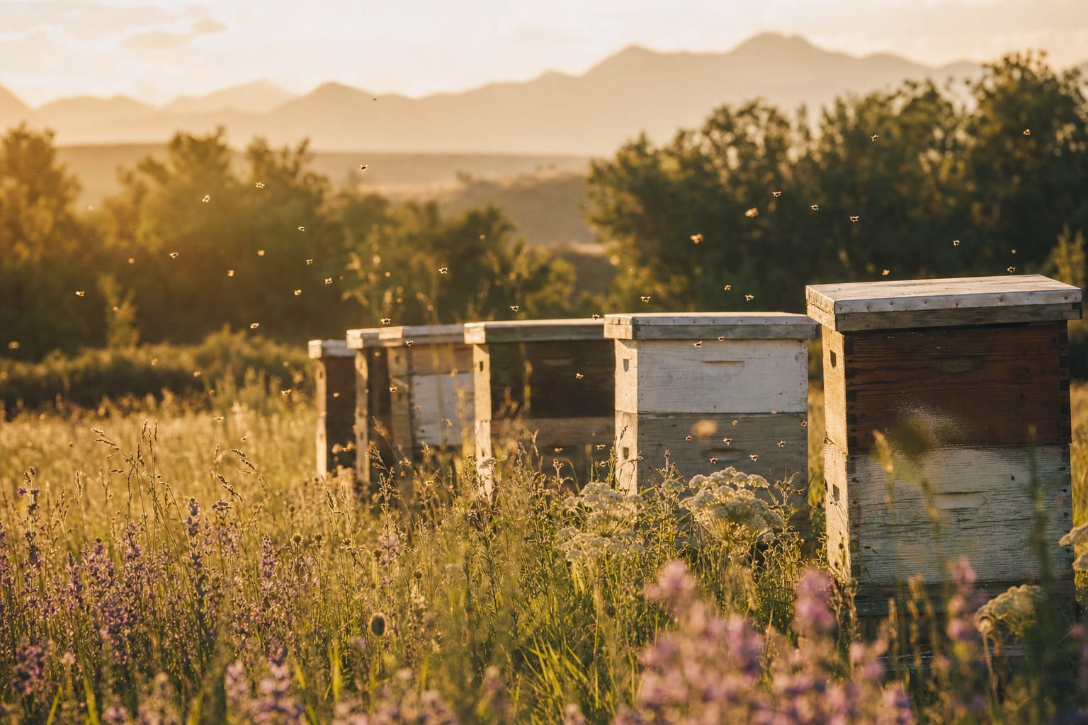 Beehives standing in a wildflower meadow at golden hour with the foothills beyond