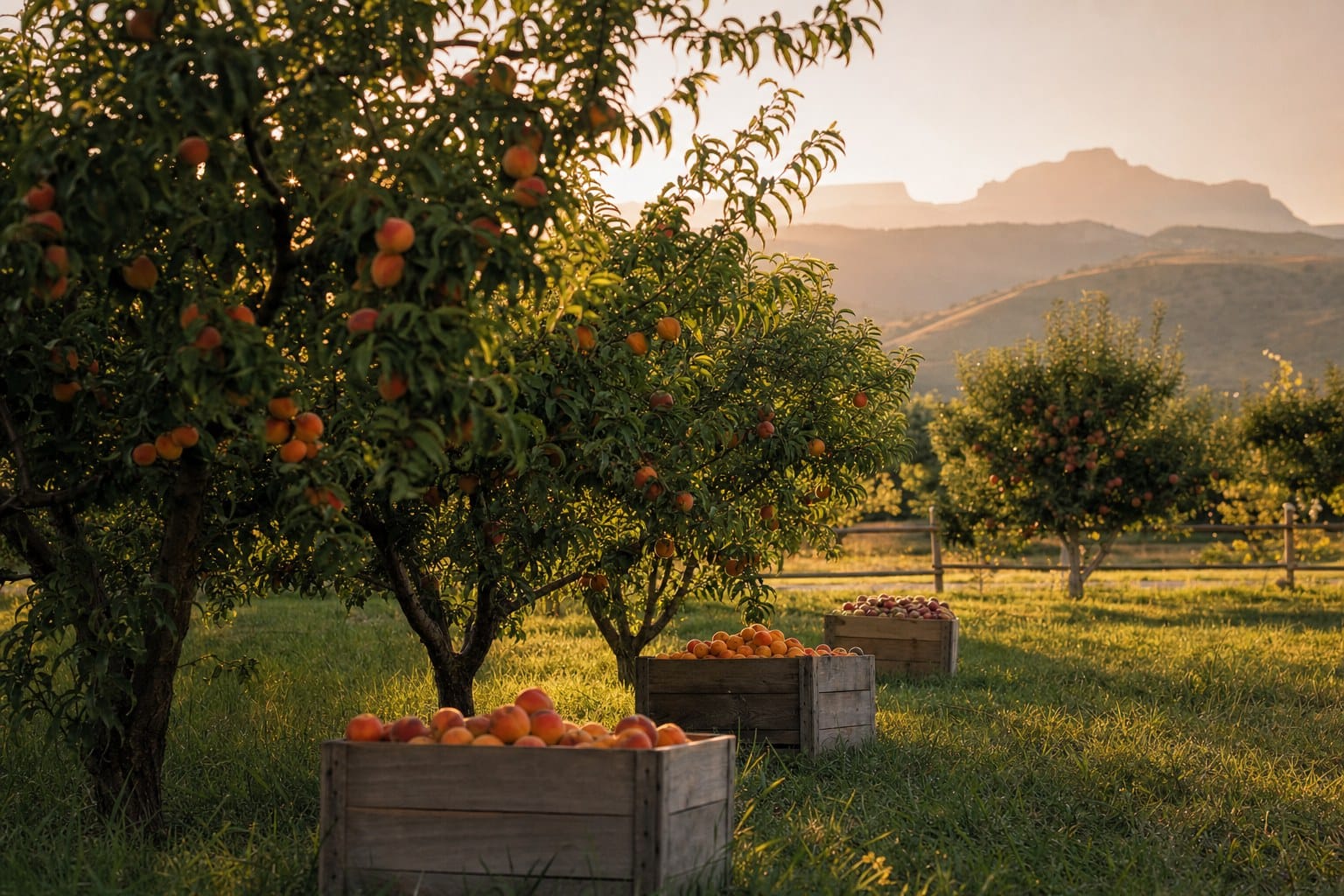 Peach trees heavy with ripe fruit and wooden crates in a sunlit Palisade orchard