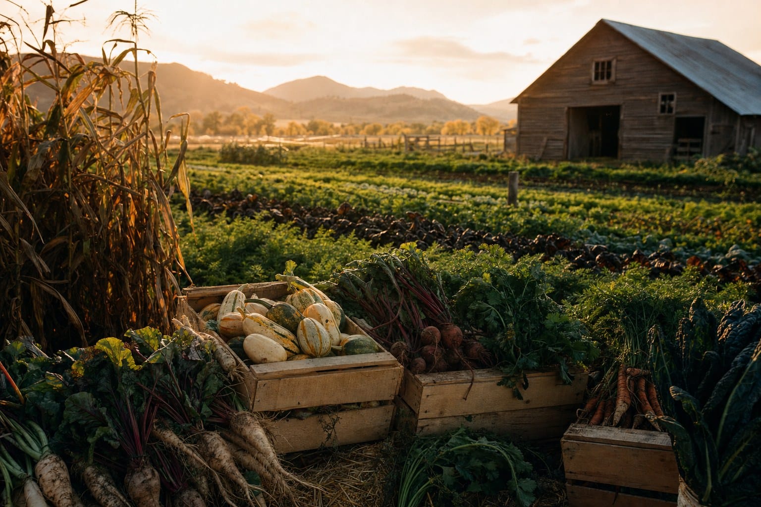 Heirloom vegetable rows and drying flint corn beside a weathered barn in golden evening light