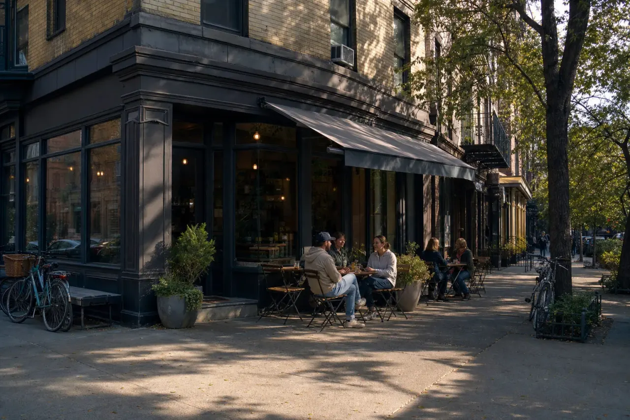 A corner café on a leafy Birchmere street in golden west light