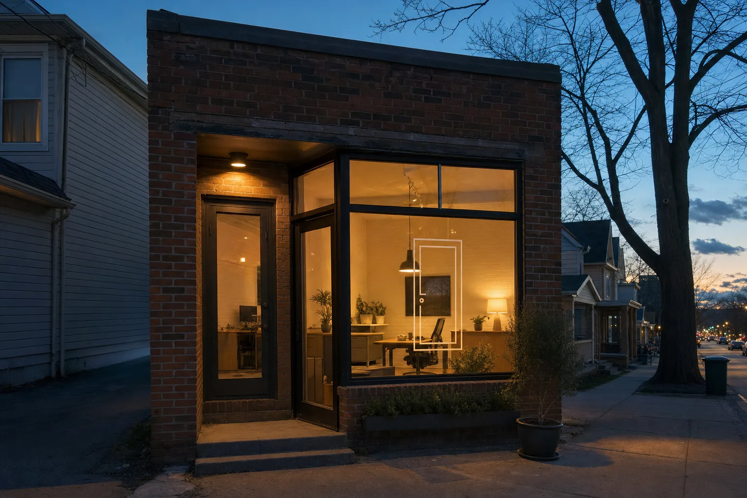 The Ashbourne Realty office storefront on Canal Row, warm evening light