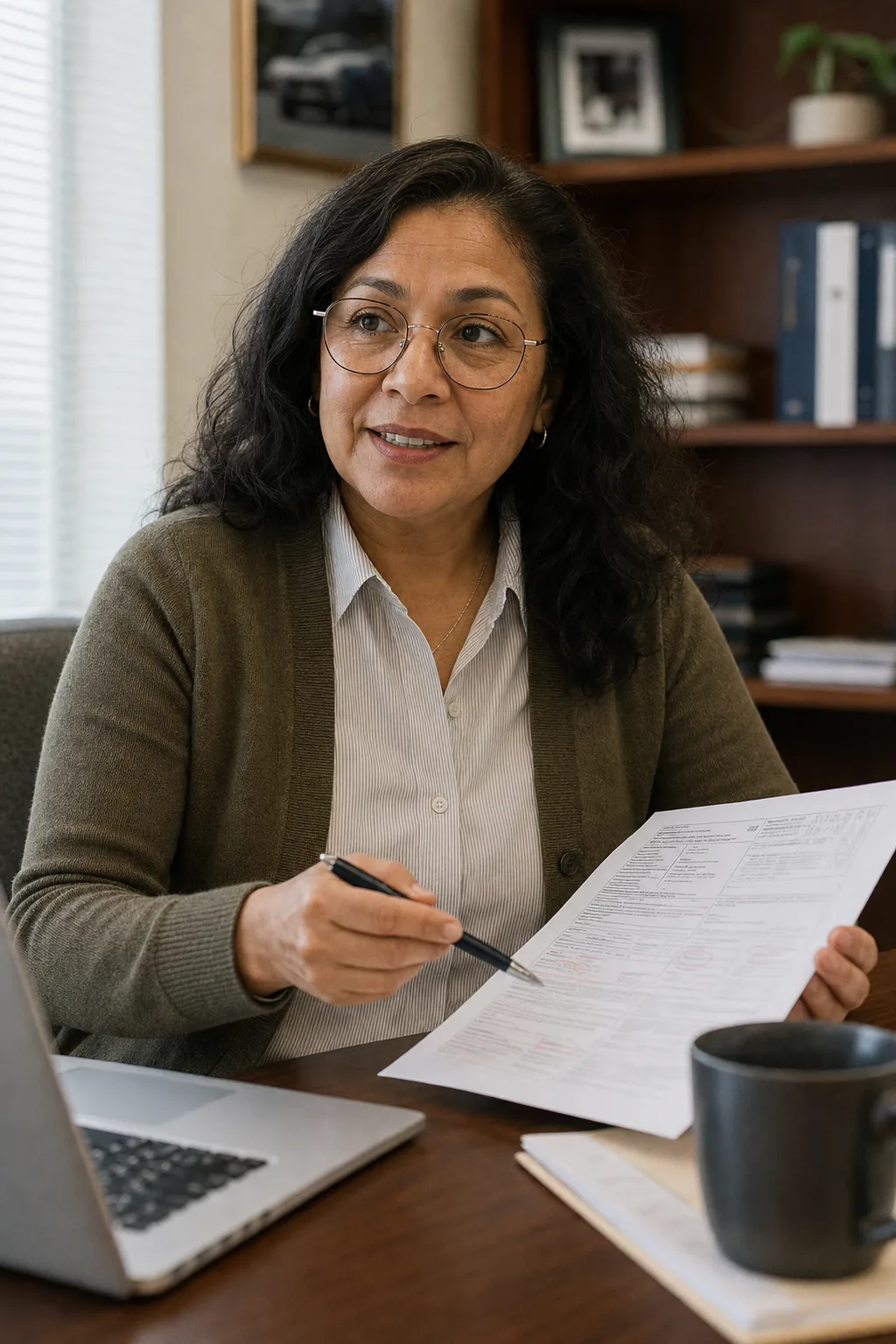 Ana Reyes-Whitfield at her desk in daylight, mid-explanation, marked-up policy in hand