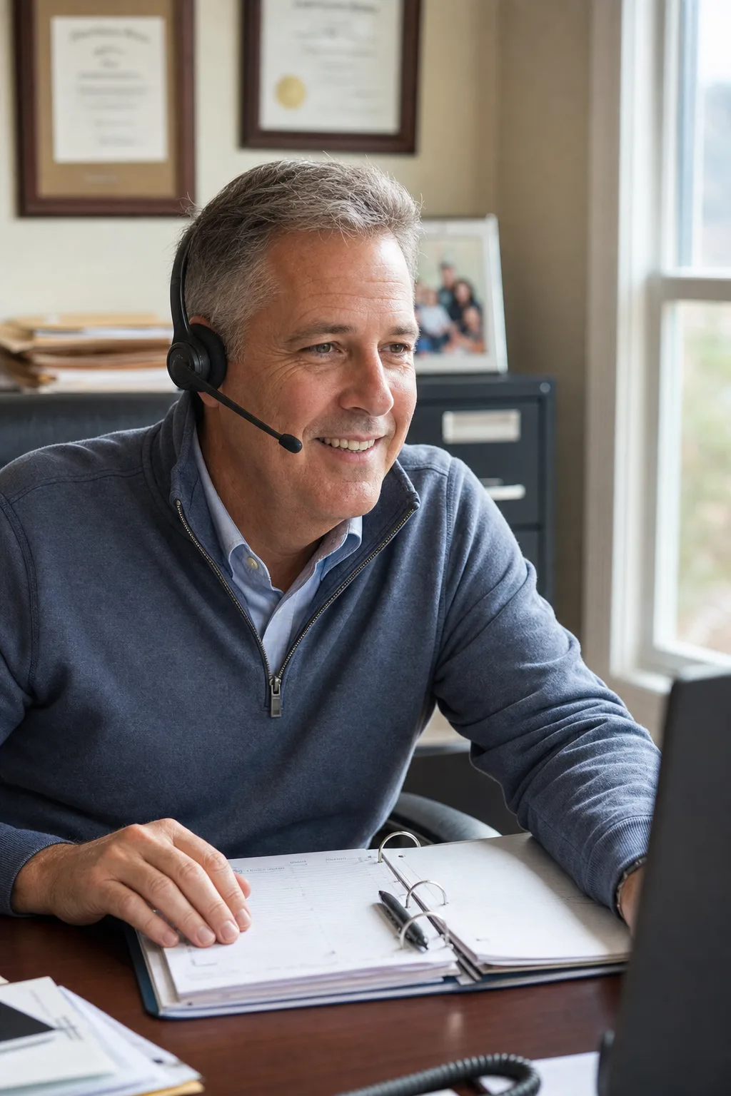 Doug Barnes on the phone at the Crestway desk, smiling