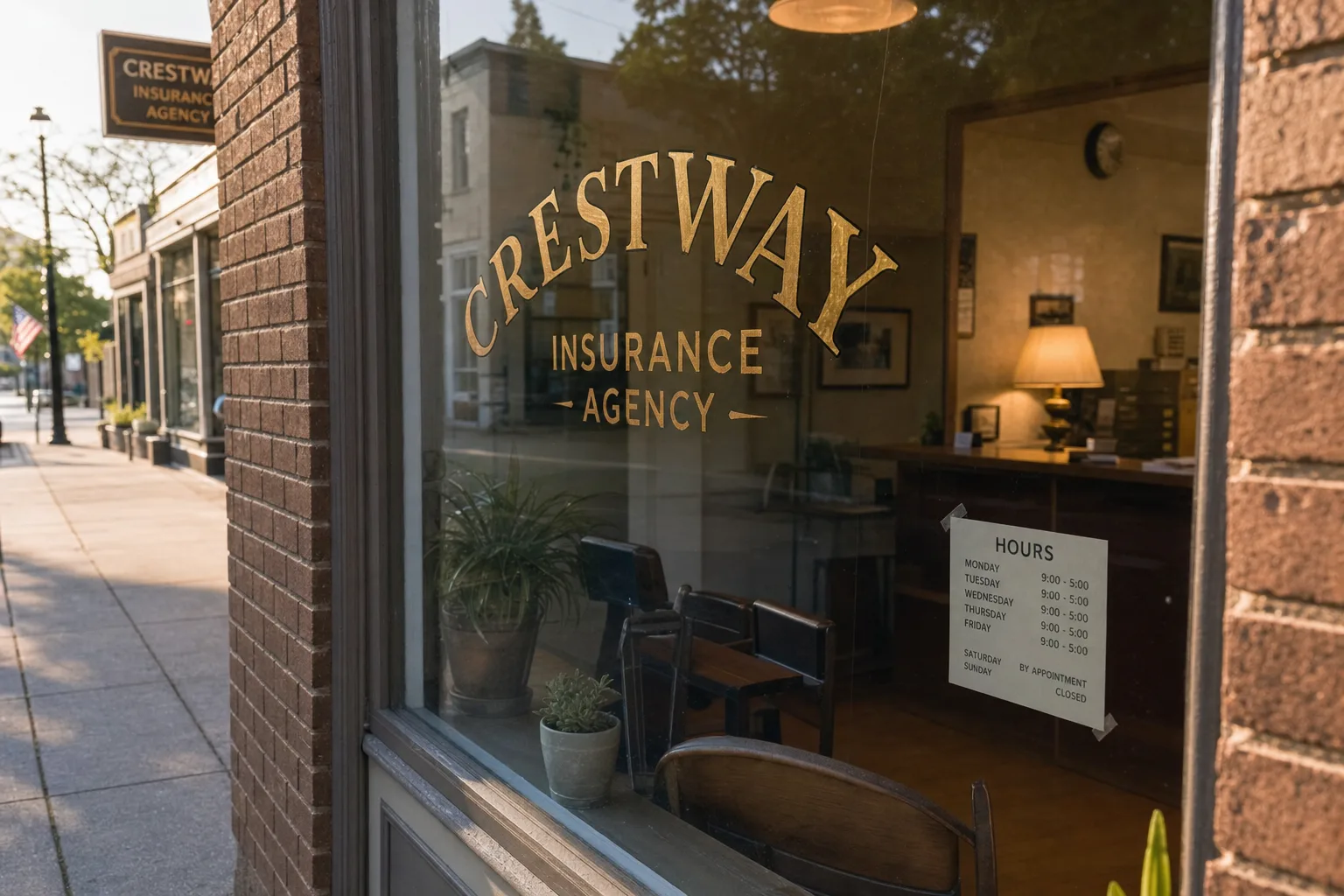 Crestway storefront window with hand-lettered hours card and warm interior