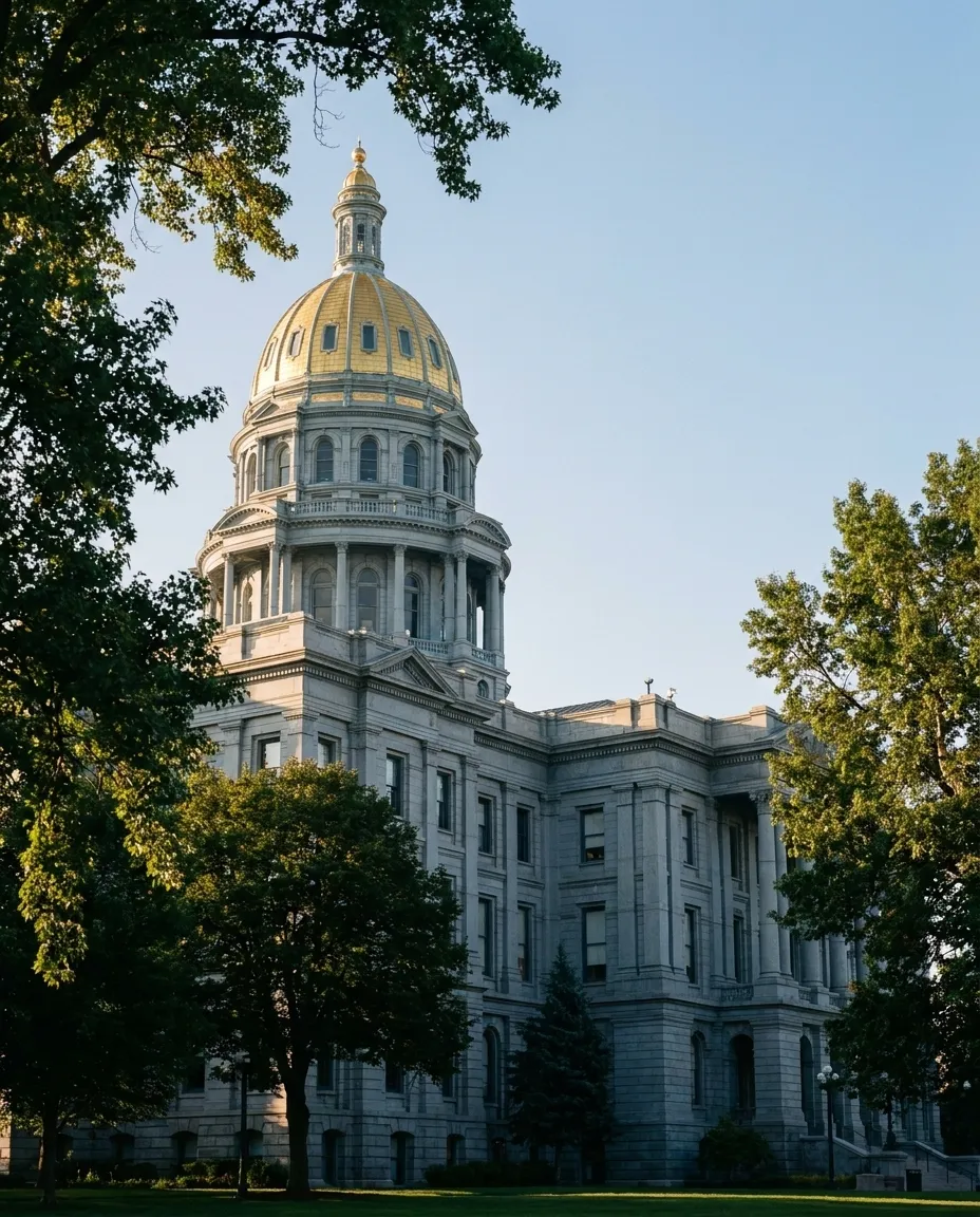 The state capitol dome seen from a tree-lined civic park in morning light.