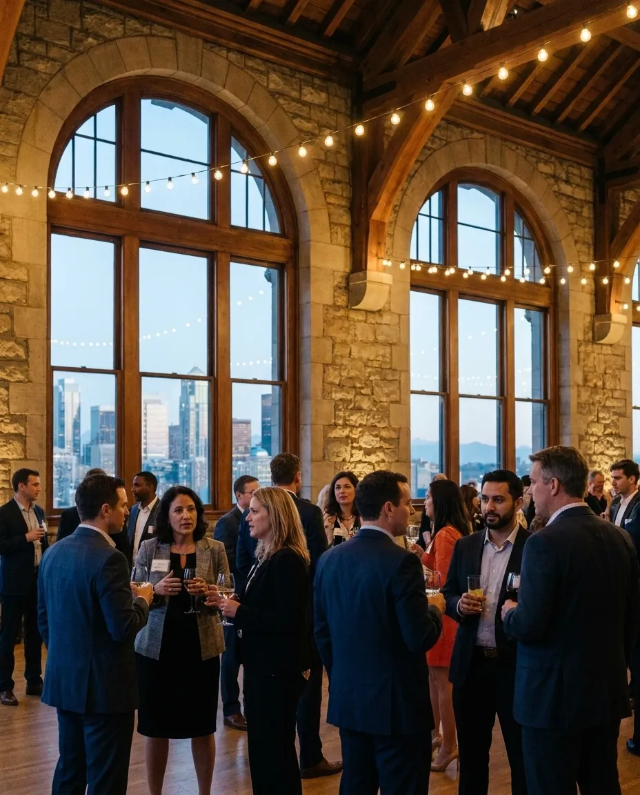 Guests in blazers mid-conversation at an evening reception in a stone great hall.