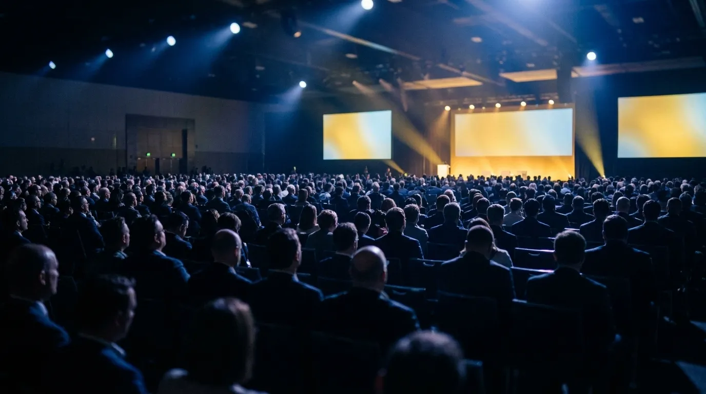 A full convention ballroom seen from the back during a keynote.