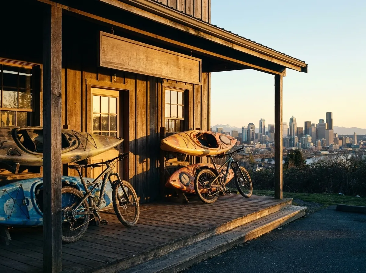 An outdoor outfitter's porch with kayaks and bikes, foothills behind.