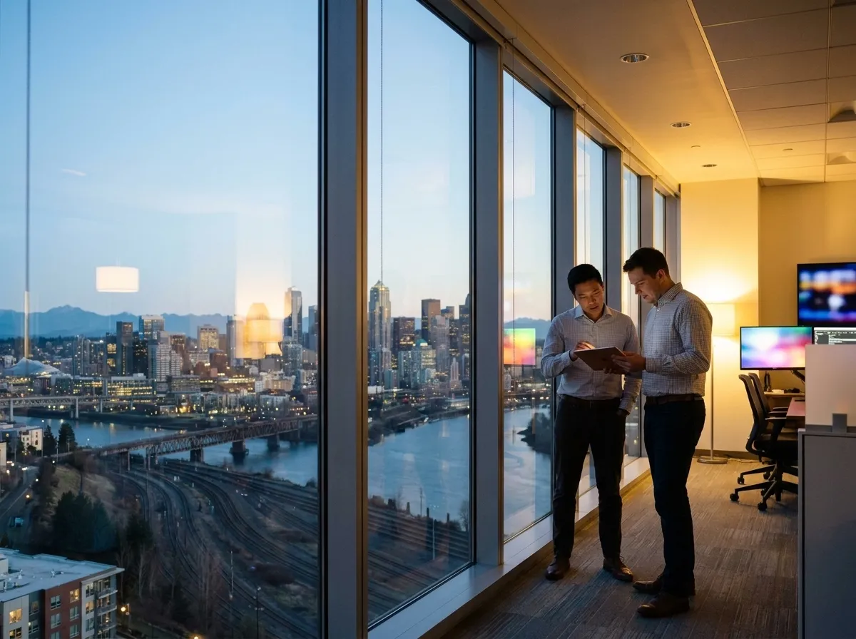 Two colleagues at a high-rise window wall above the city at dusk.