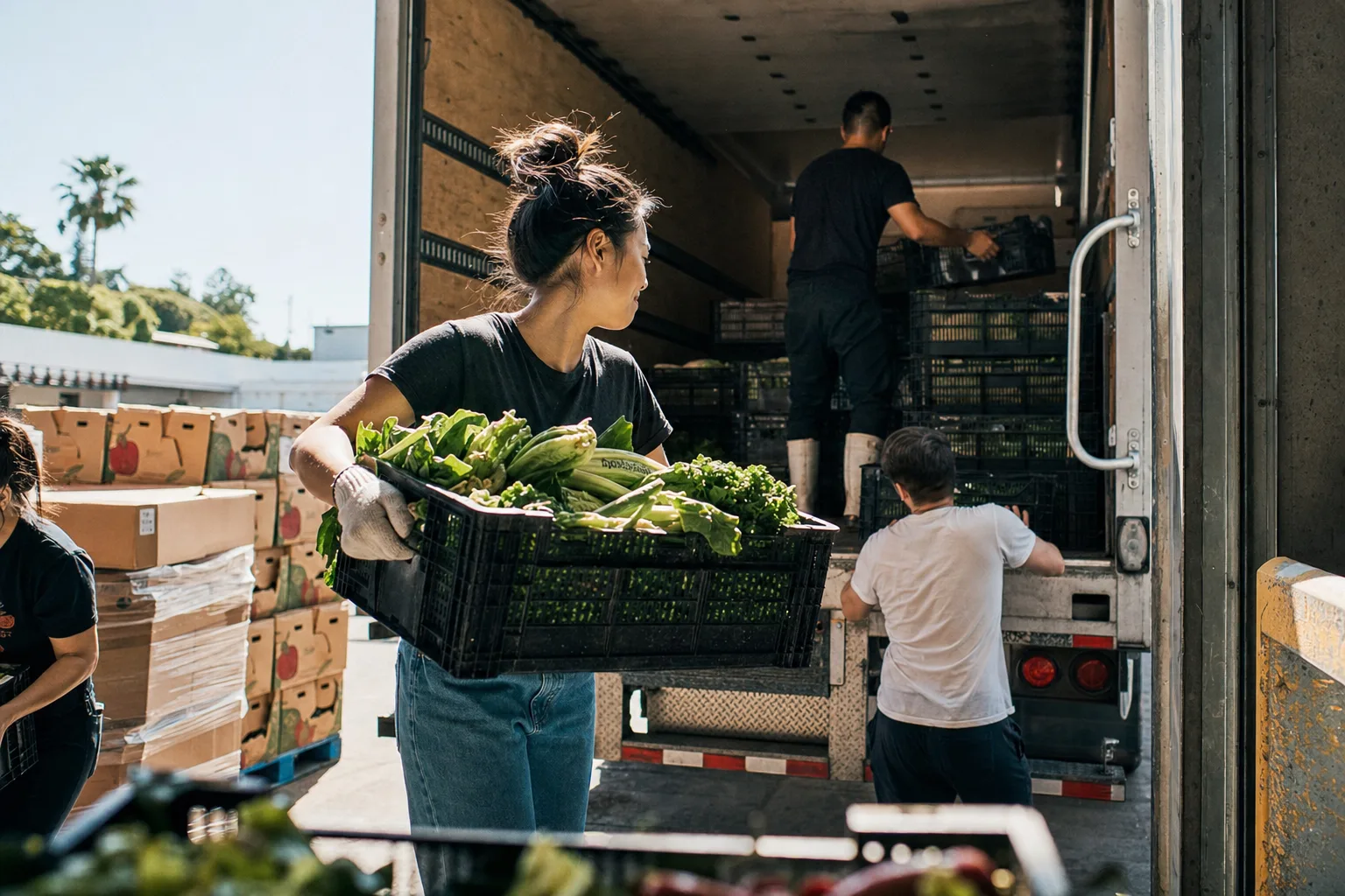 A rescue truck being loaded with produce crates in morning light
