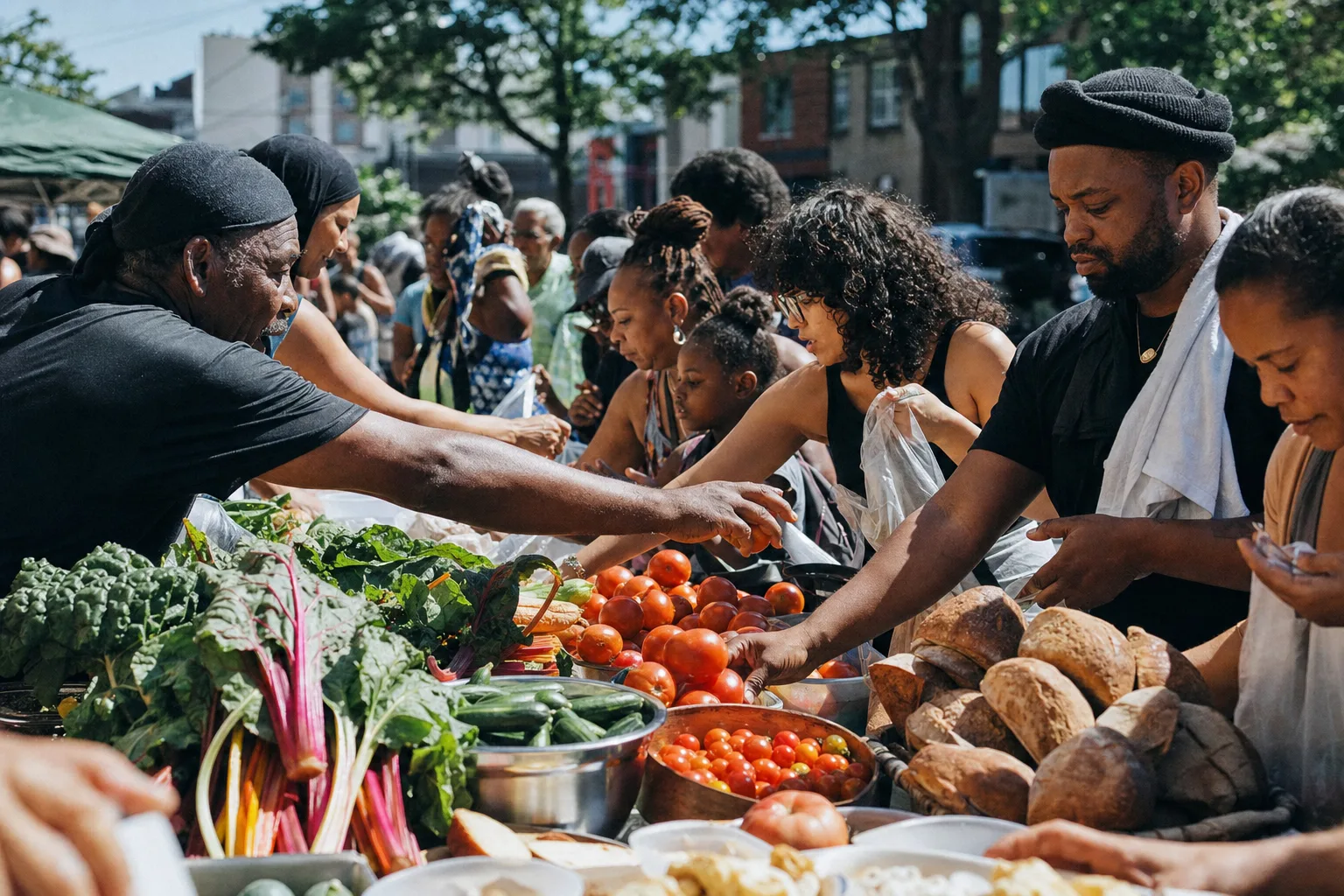 A free-market table mid-rush, produce piled high, hands choosing