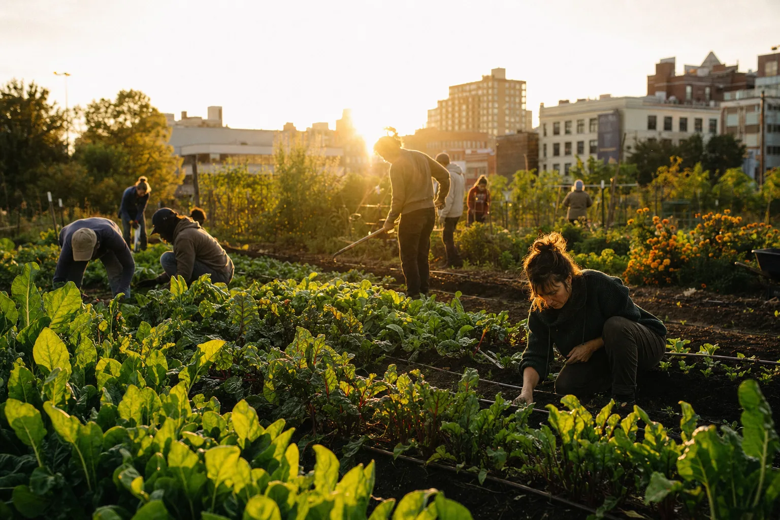 Farm rows and volunteers at the Commons Farm, golden hour