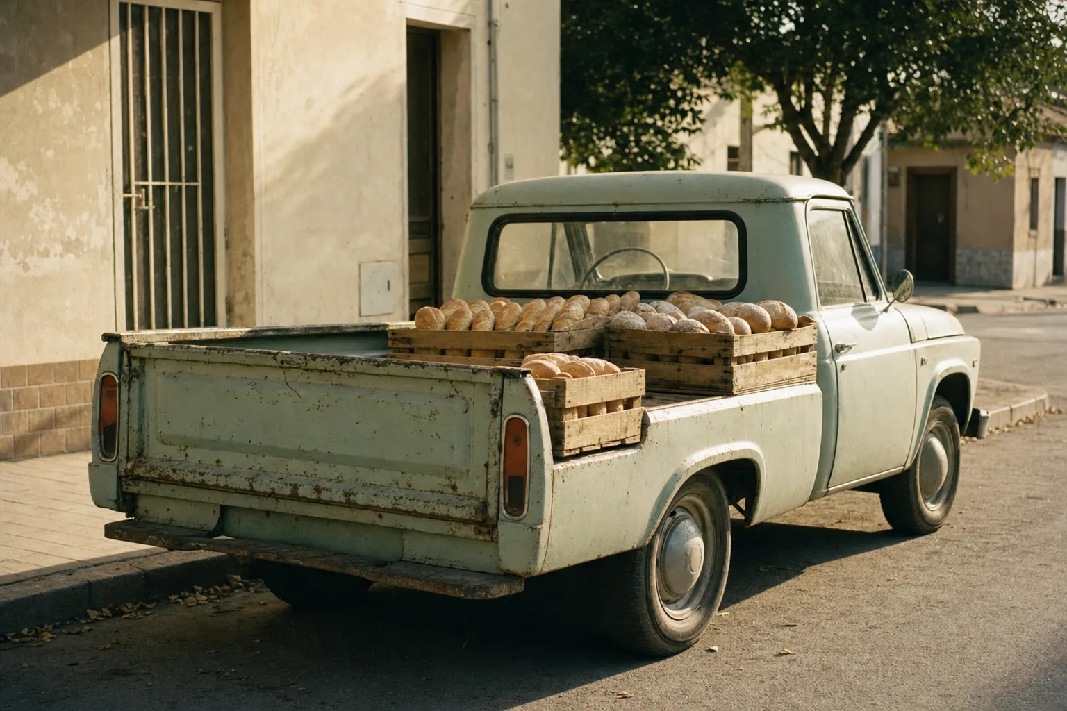 The original 2016 pickup truck, crates in the bed, slightly faded