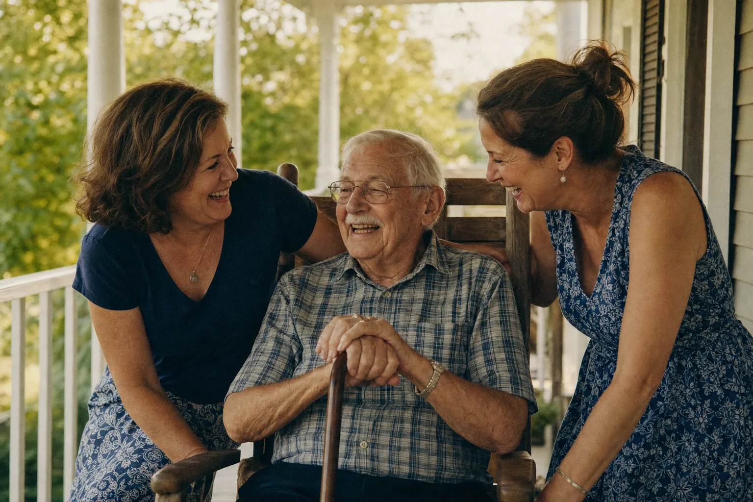 Archival photo: two sisters with their father on a porch