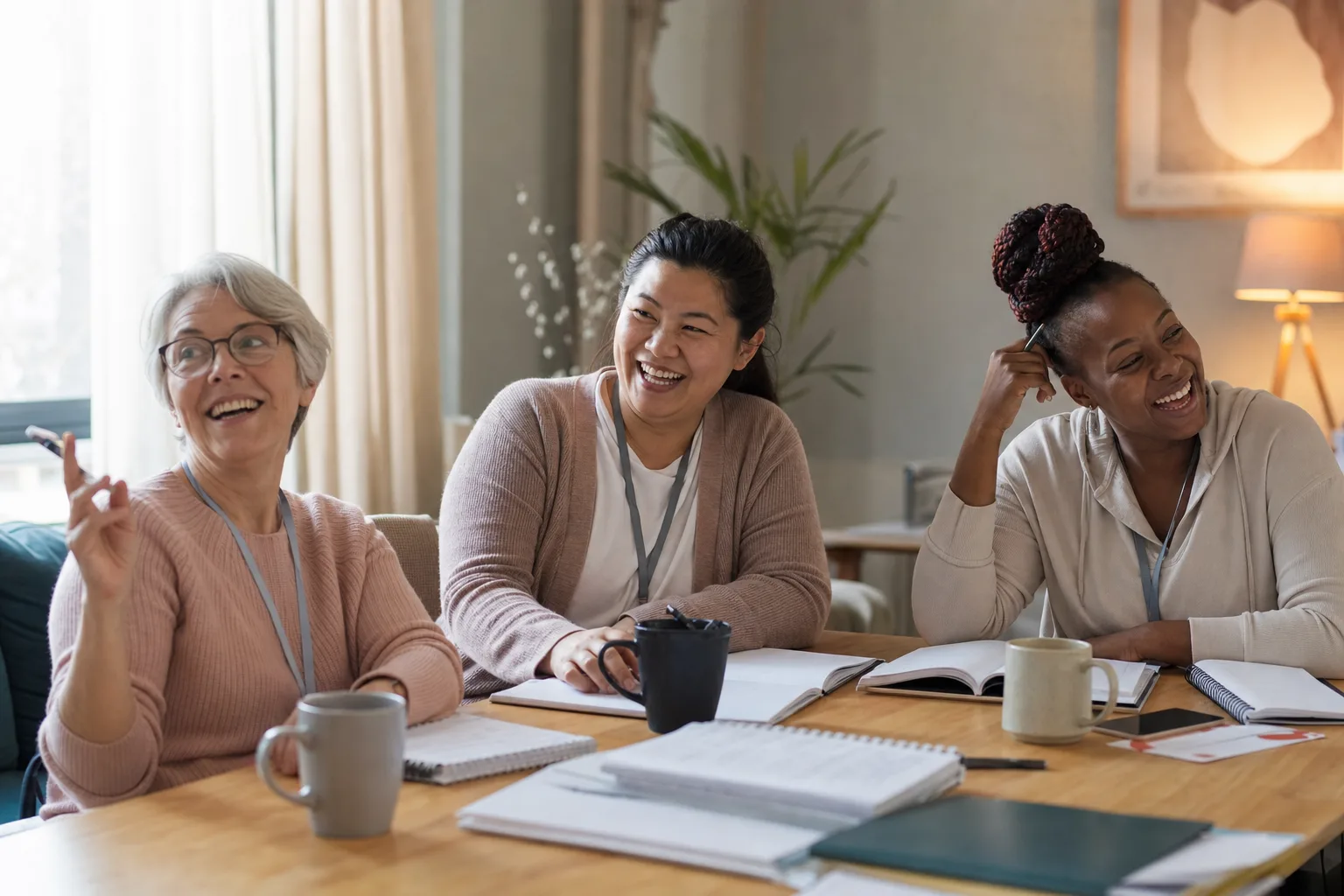 Three caregivers laughing mid-training around a wooden table