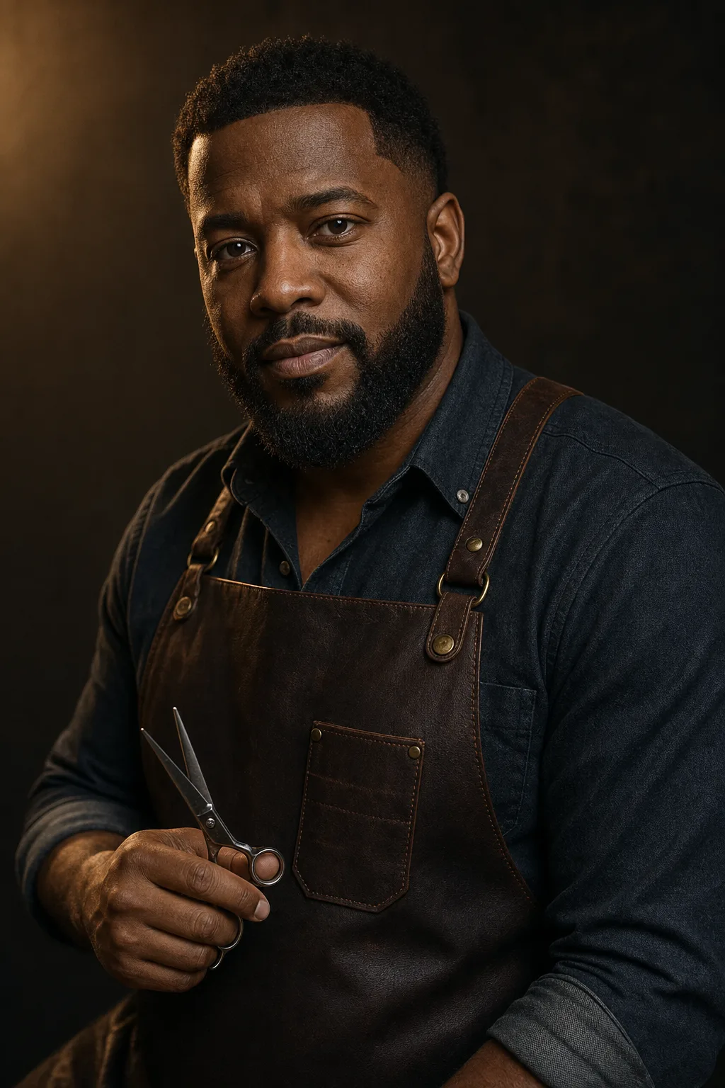 Marcus Hollis, chest-up under warm tungsten light, shears in hand