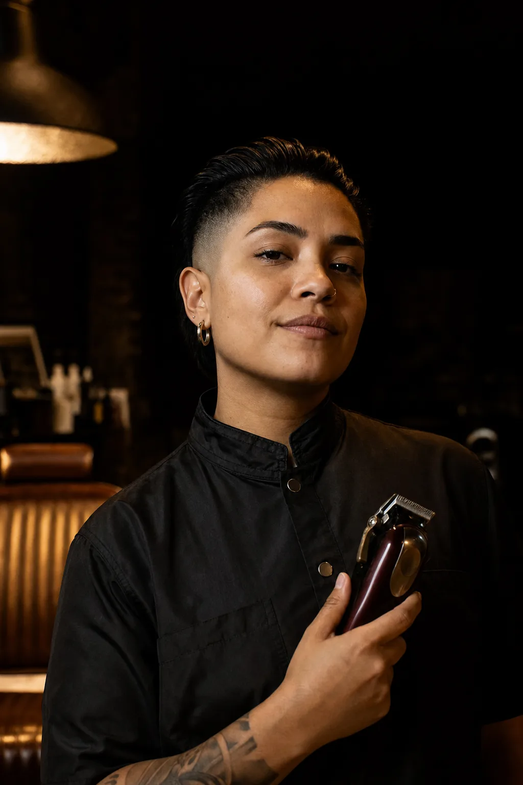 Dee Alvarez with clippers, sharp undercut, confident half-smile
