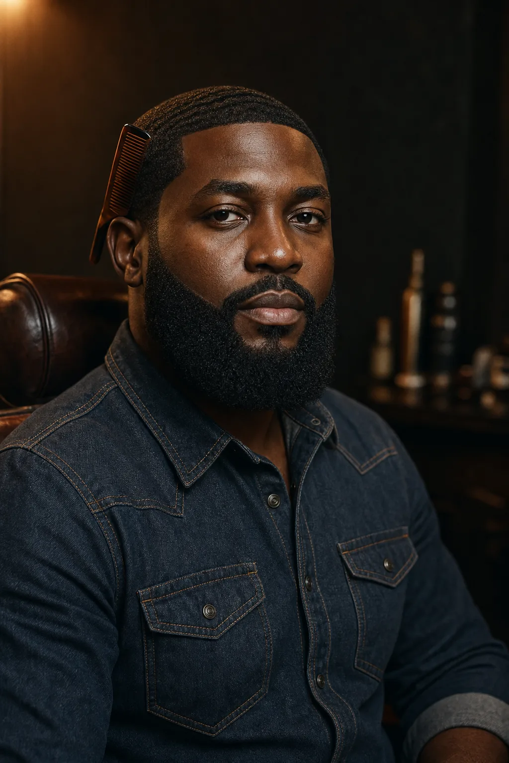 Kofi Mensah, sculpted full beard, comb behind one ear
