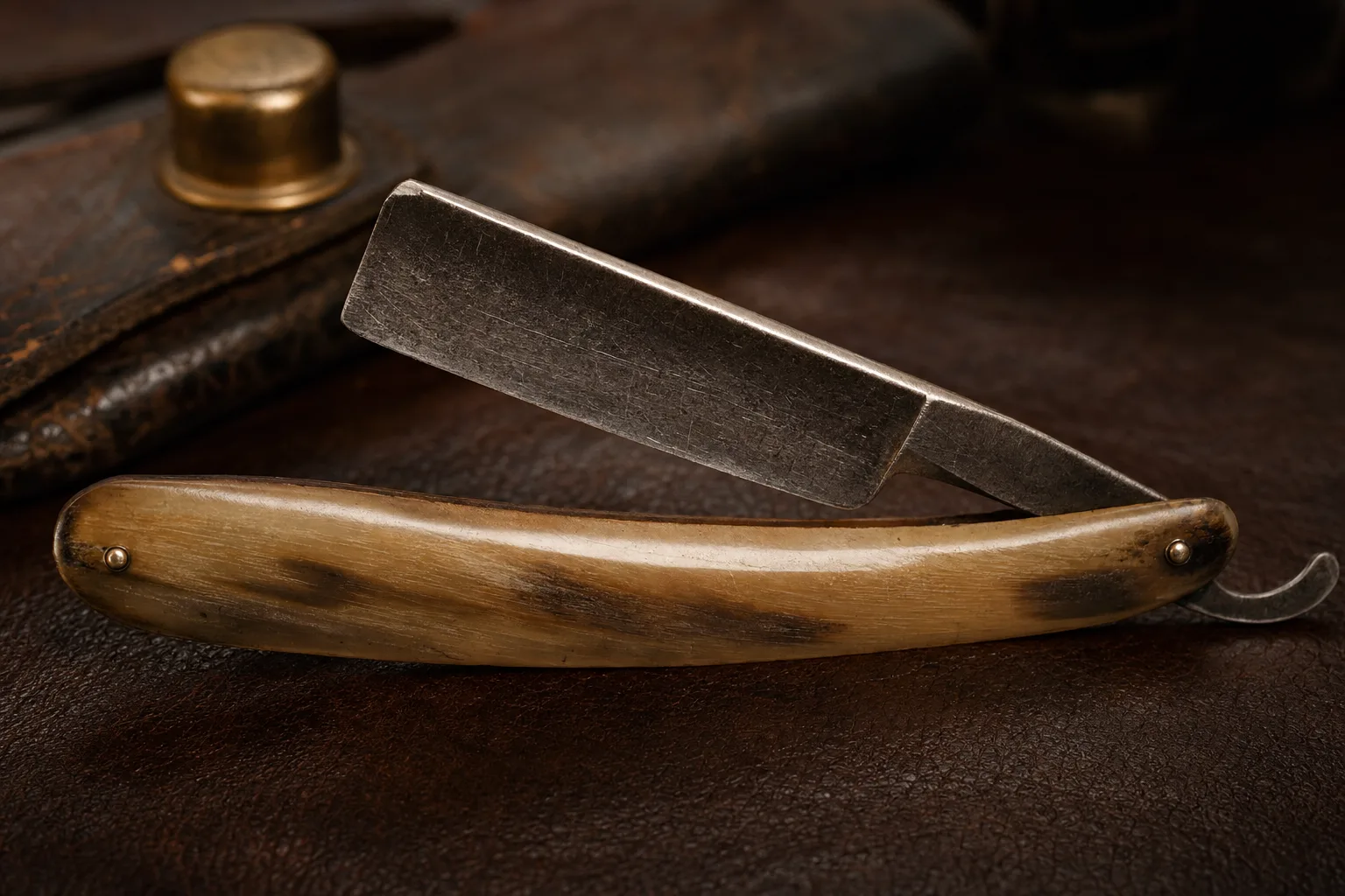 Ray Hollis's heirloom straight razor open on dark leather