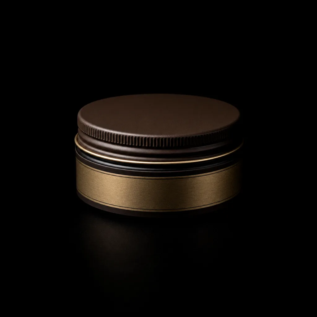 Round pomade tin with brass label band on black