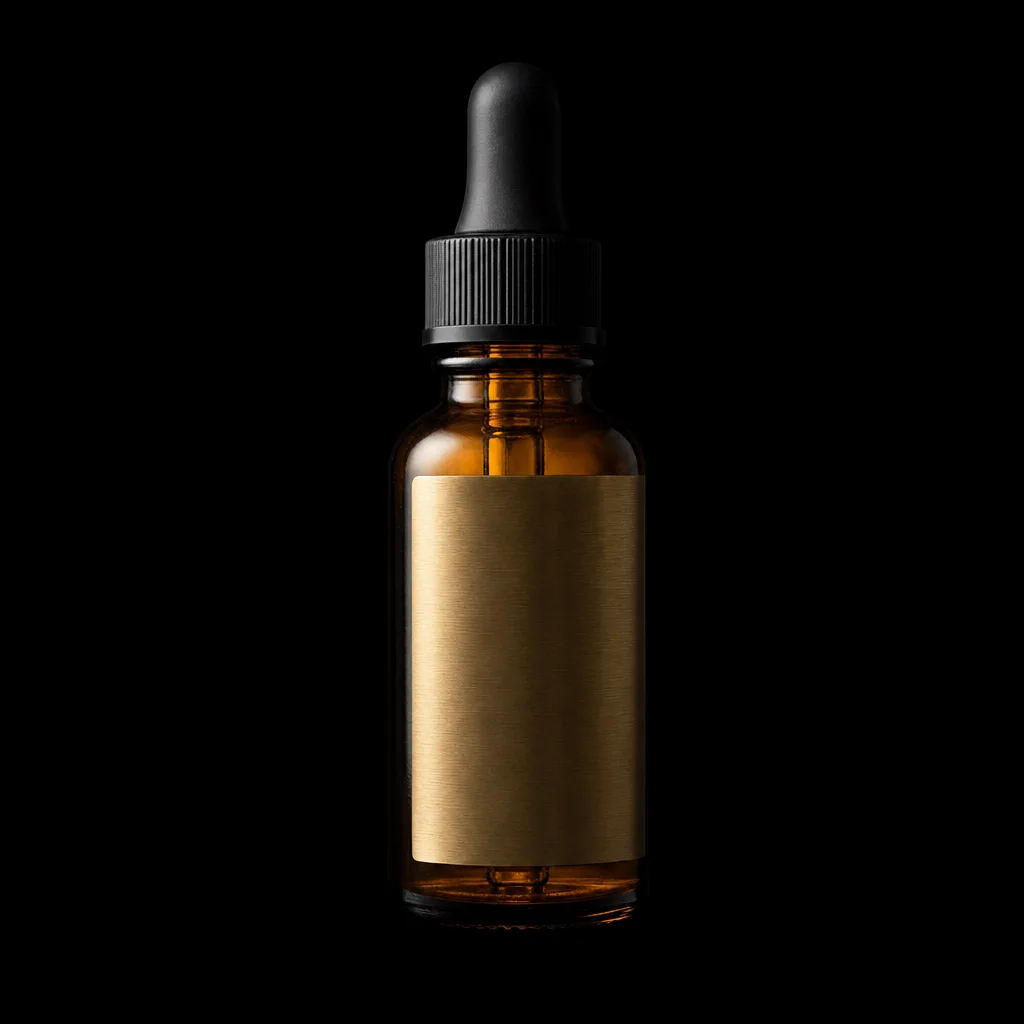 Amber beard oil bottle with dropper cap on black