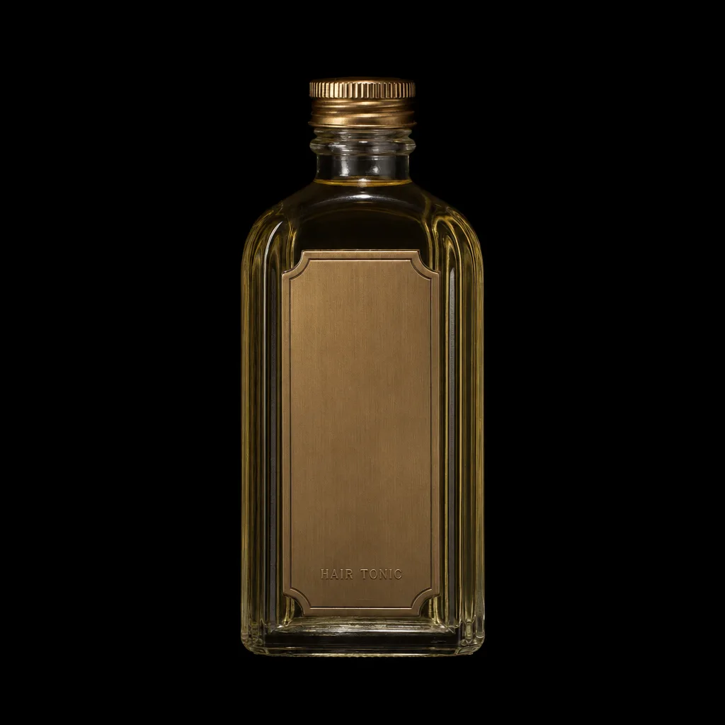 Vintage glass tonic bottle with brass cap on black