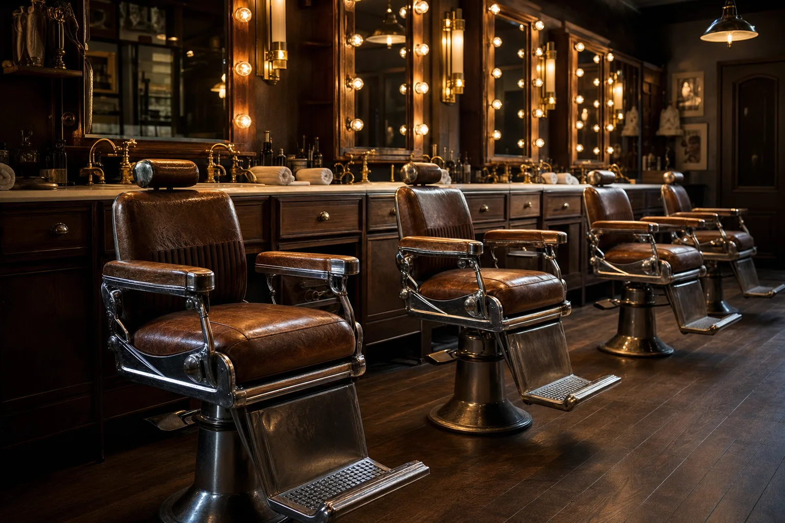 Four leather barber chairs facing bulb-lit mirrors