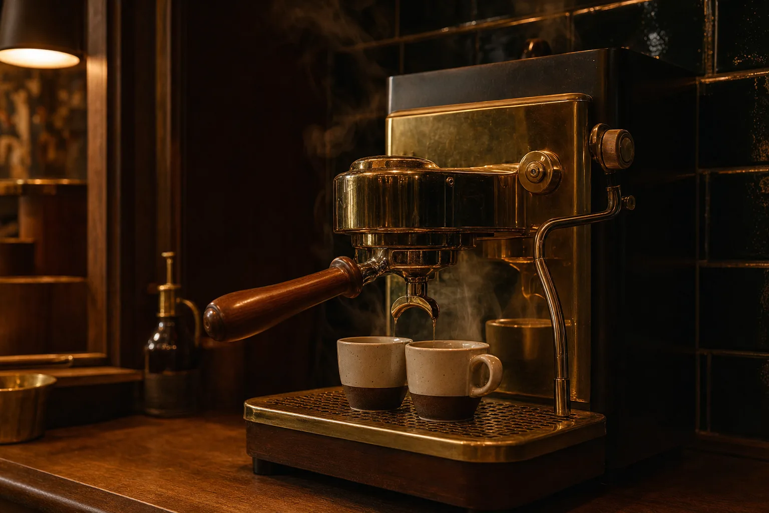 Brass portafilter and two ceramic cups, steam rising