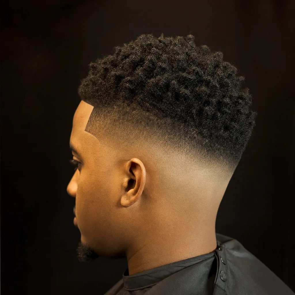 High skin fade with crisp line-up, sponge curls on top