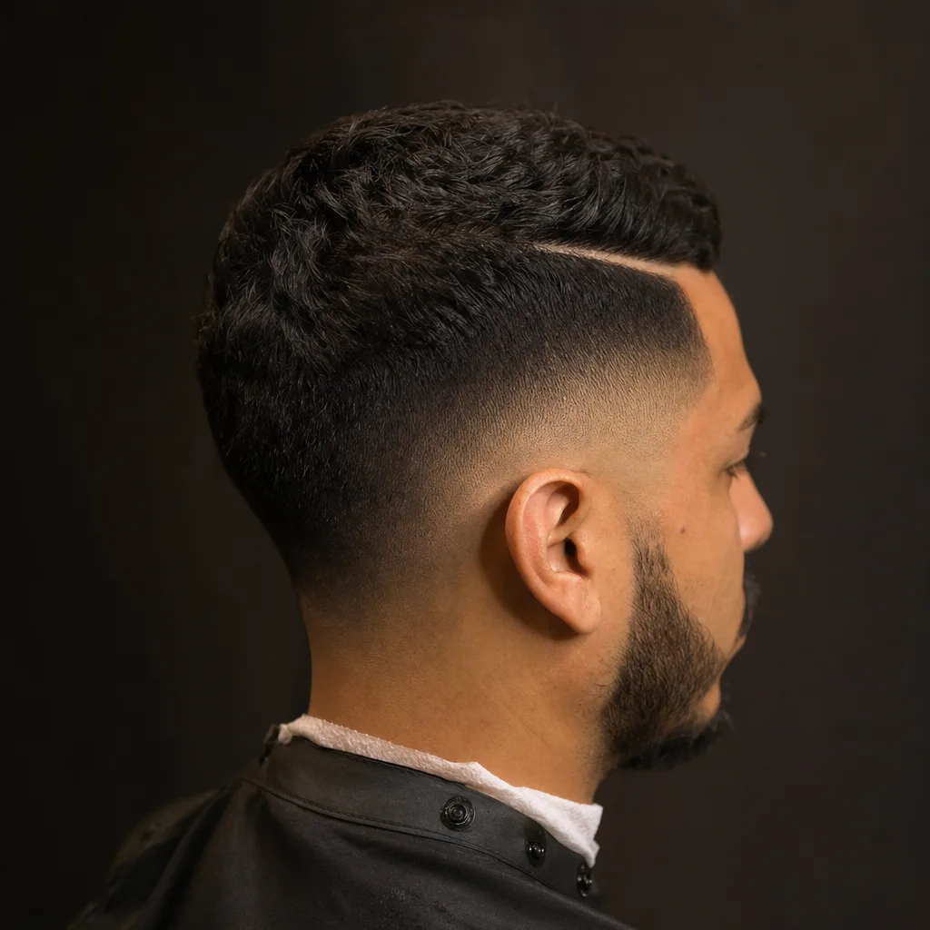 Mid drop fade with a hard side-part line