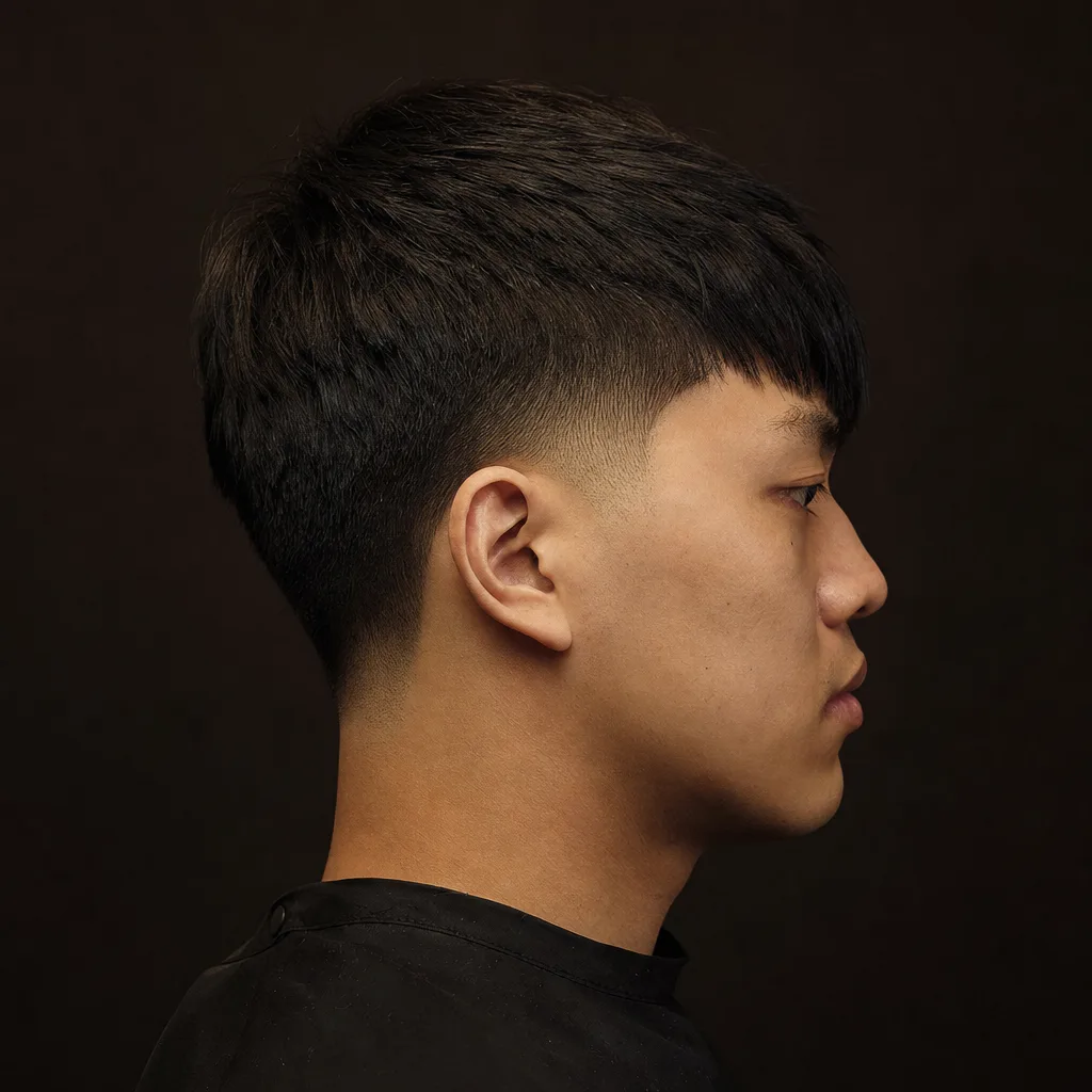 Low taper fade with a clean neckline arc