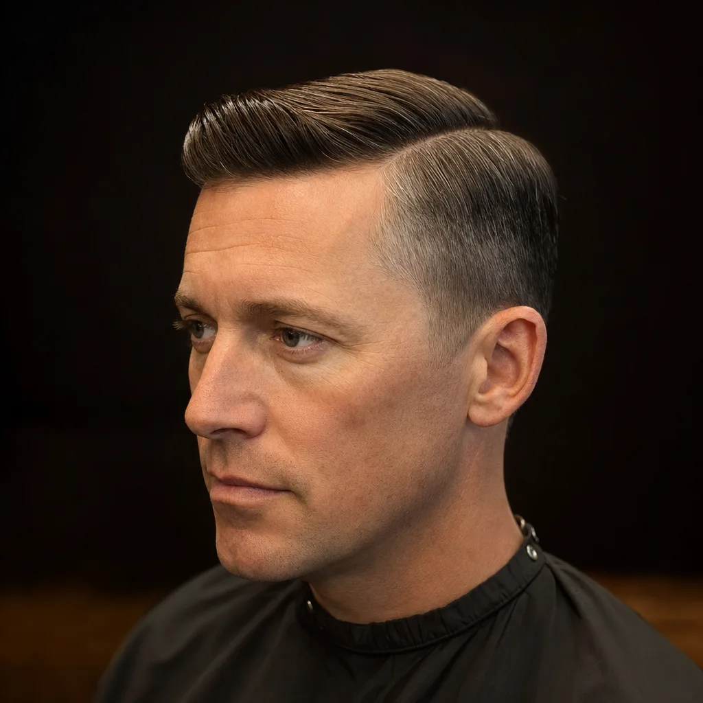 Classic side-part scissor cut with comb-over shine
