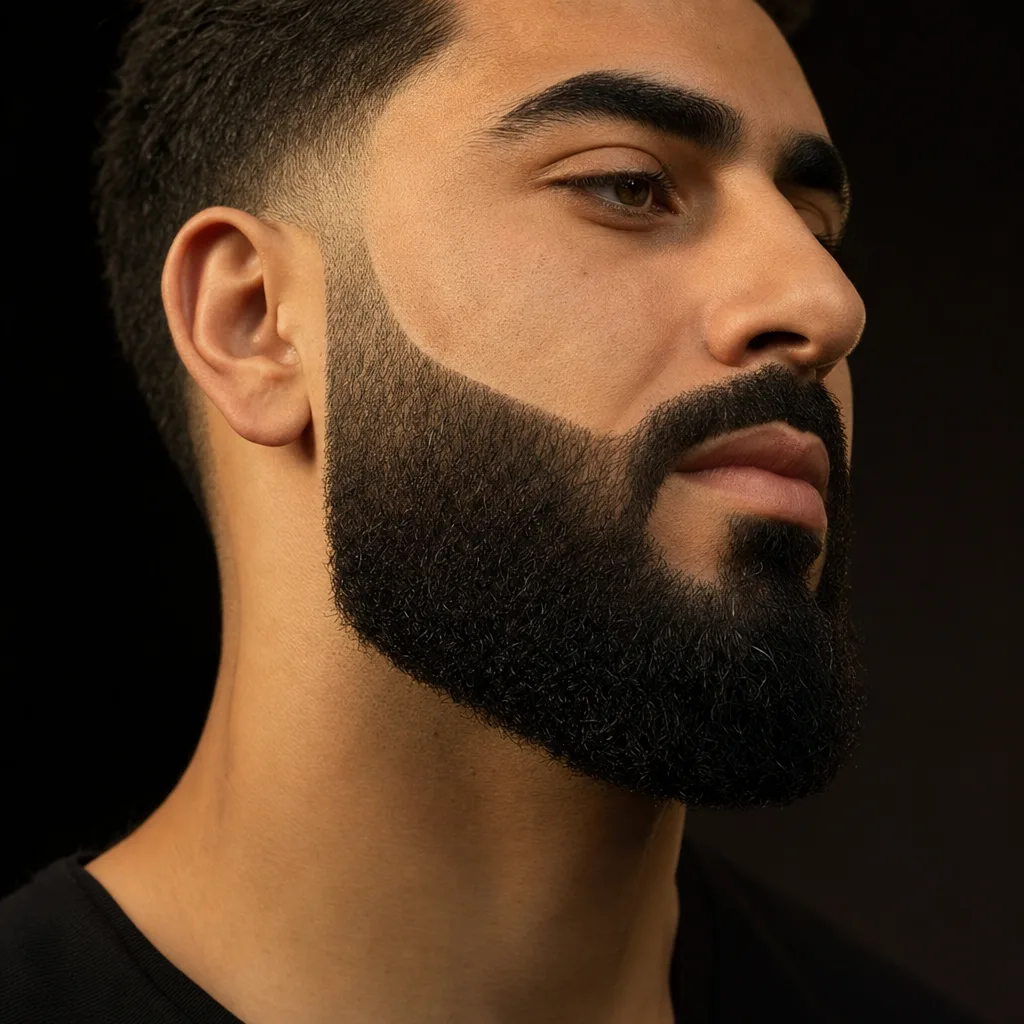 Full beard sculpted to a crisp cheek line