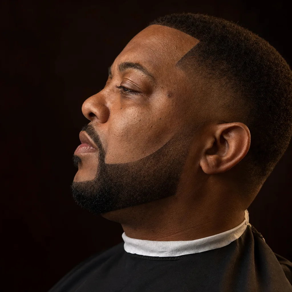 Short boxed beard with razor-sharp jawline