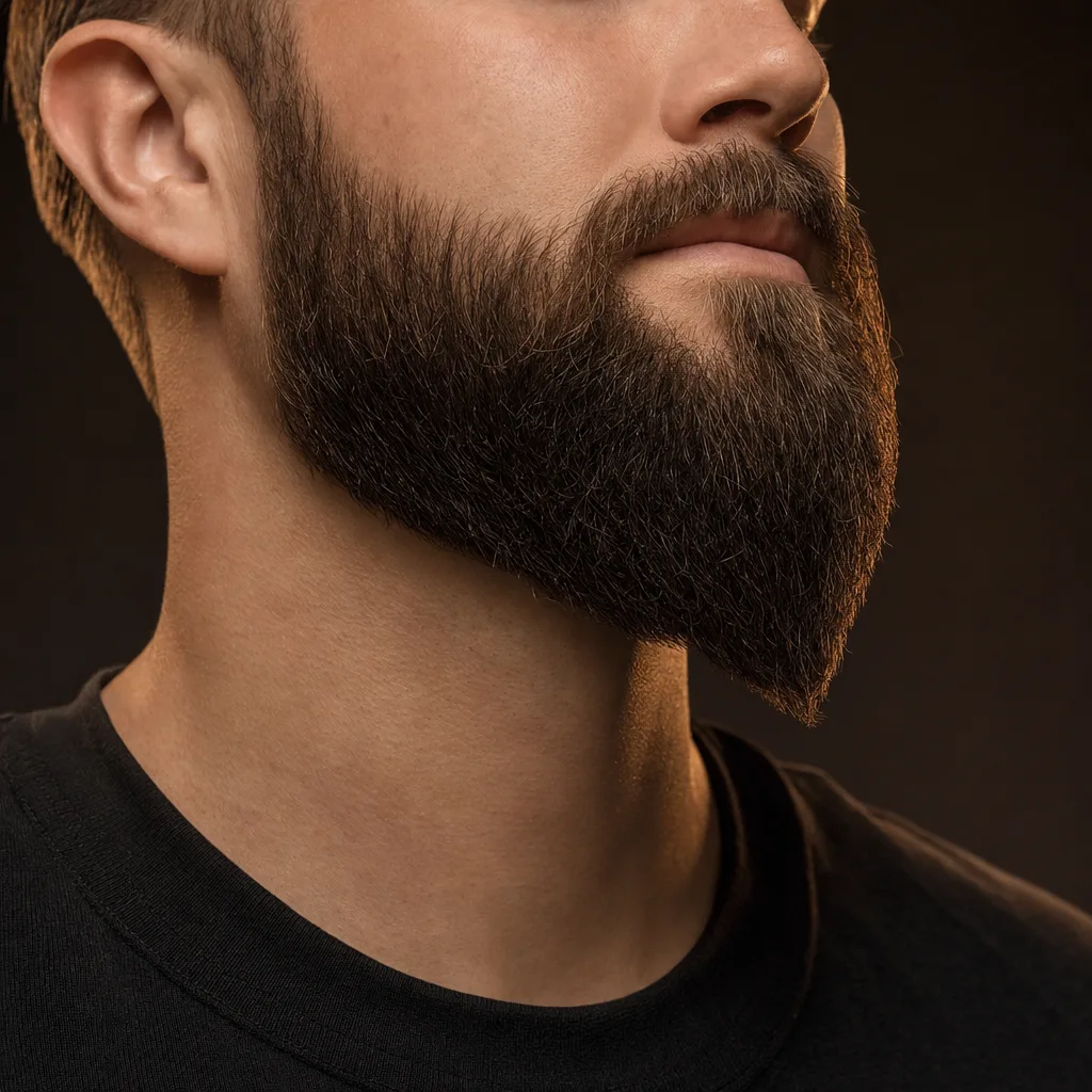 Long full beard shaped and oiled to a soft point