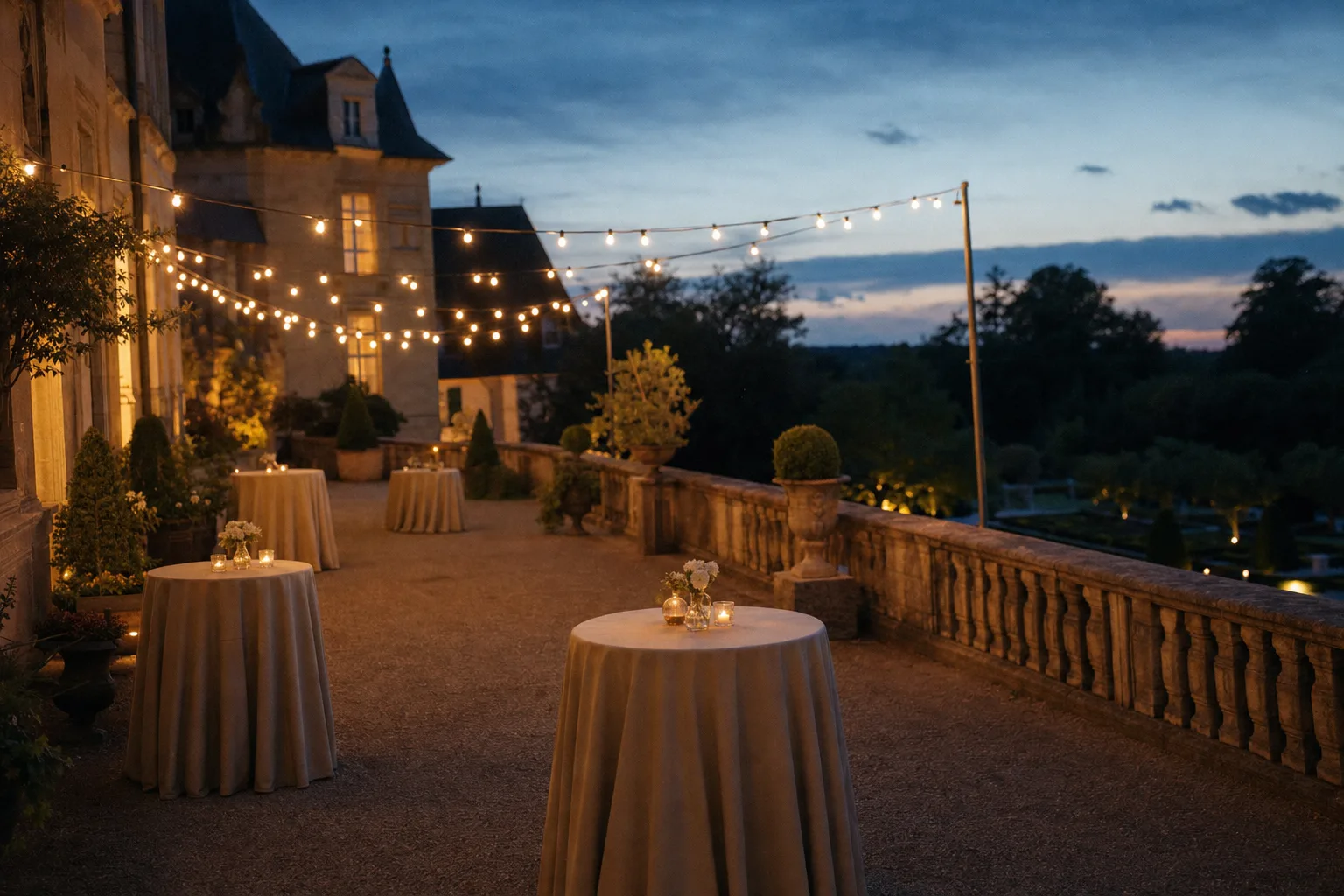 The terrace at blue hour strung with warm string lights