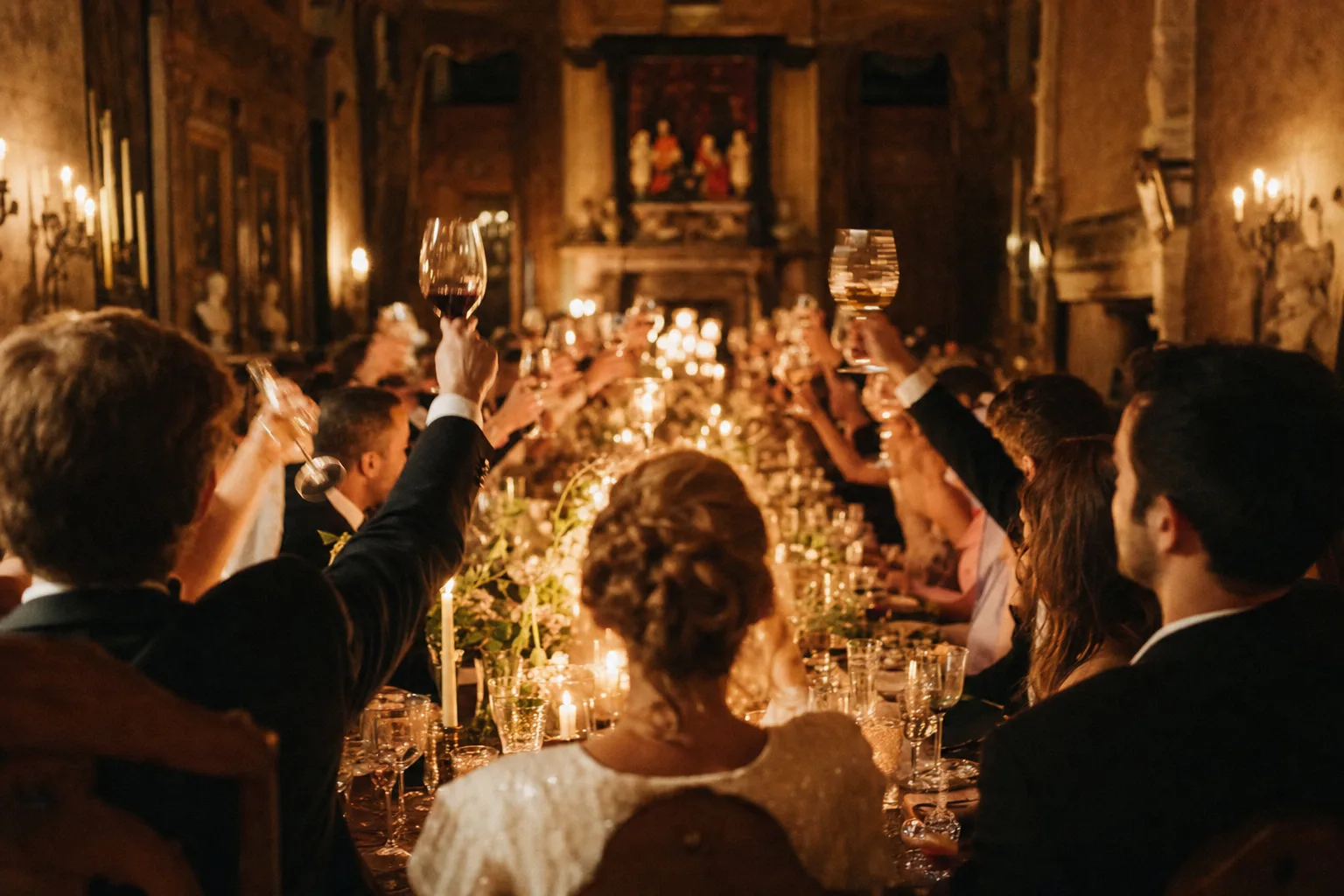 A long table mid-toast, glasses raised in candlelight
