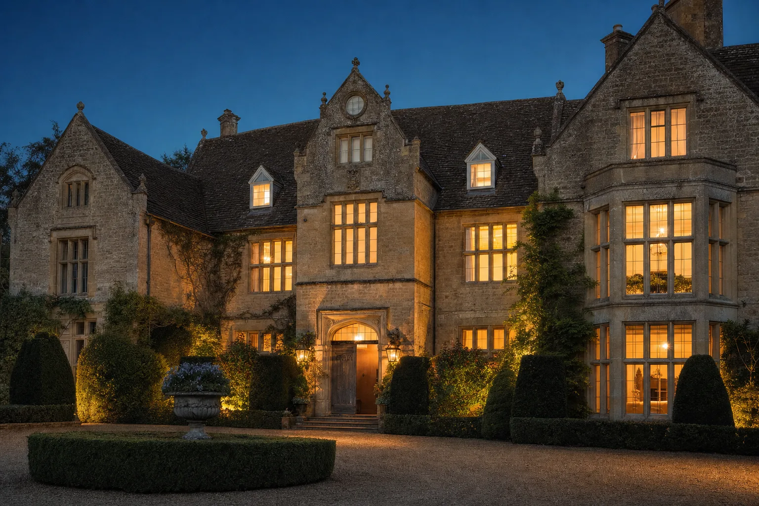 The hall's stone facade at dusk, windows lit gold