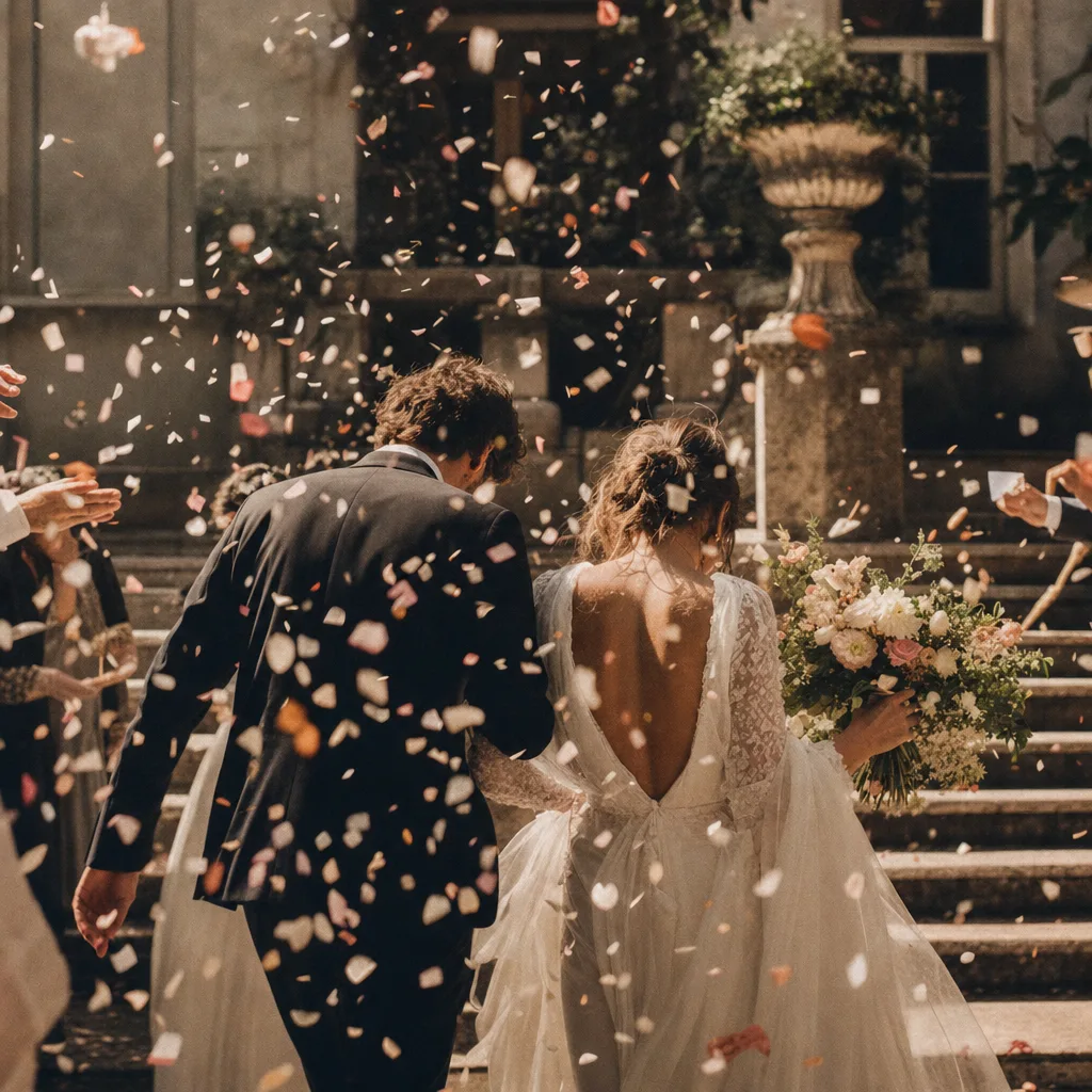 Confetti thrown on the stone entrance steps