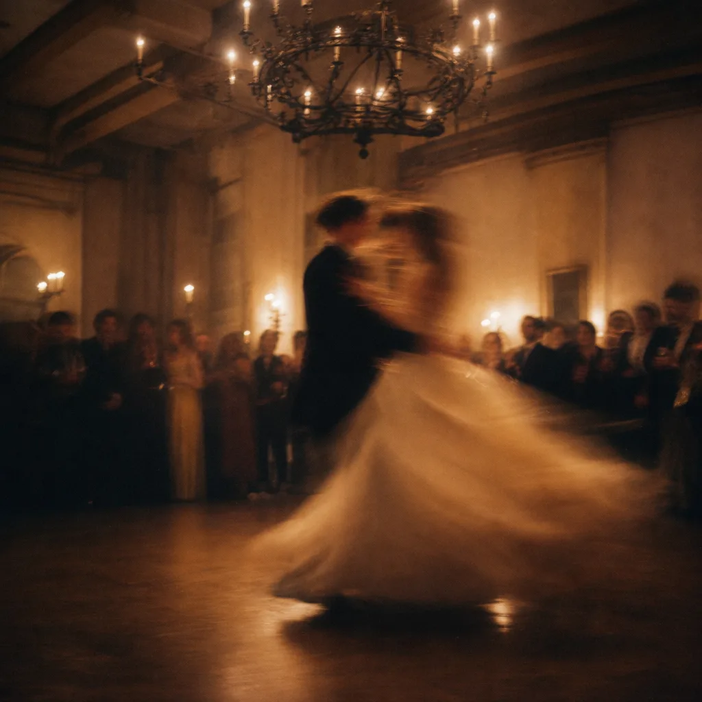 A motion-blurred first dance under warm light