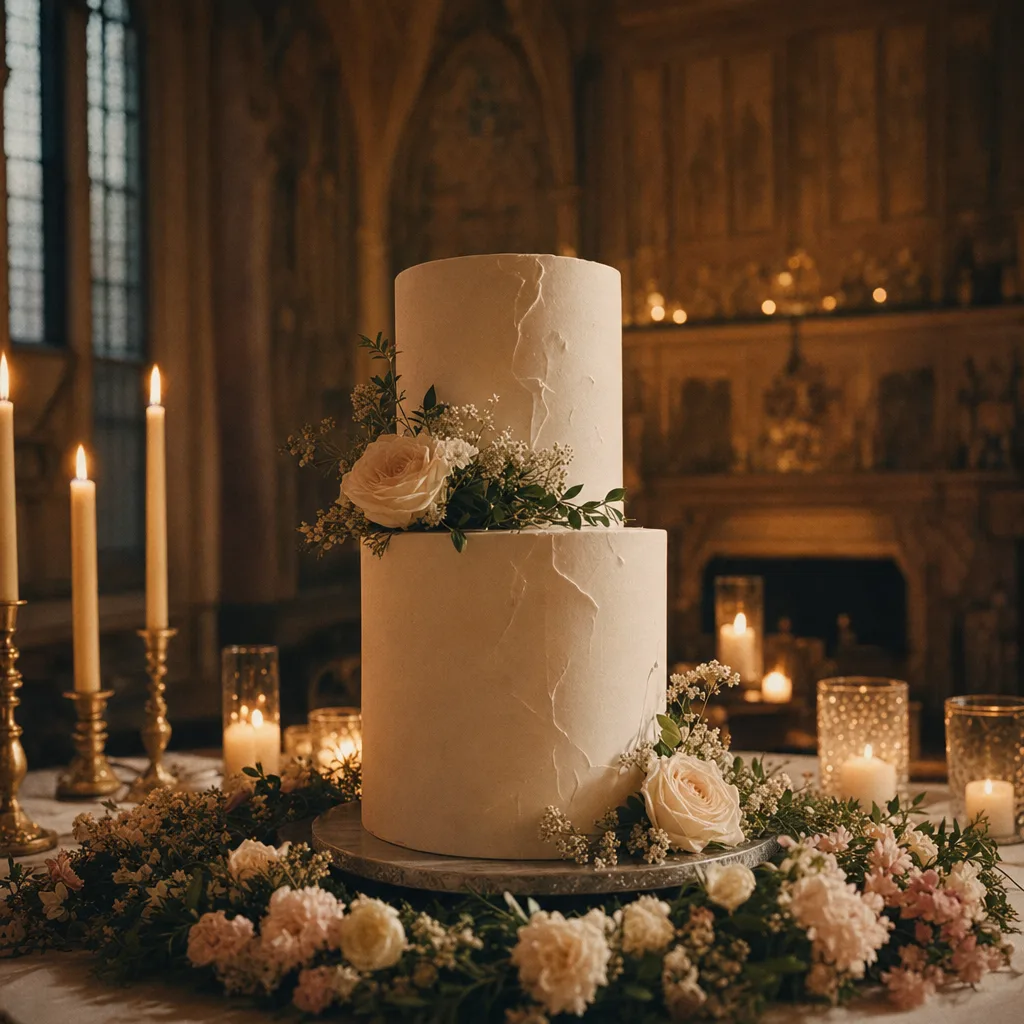 The cake table, candlelit