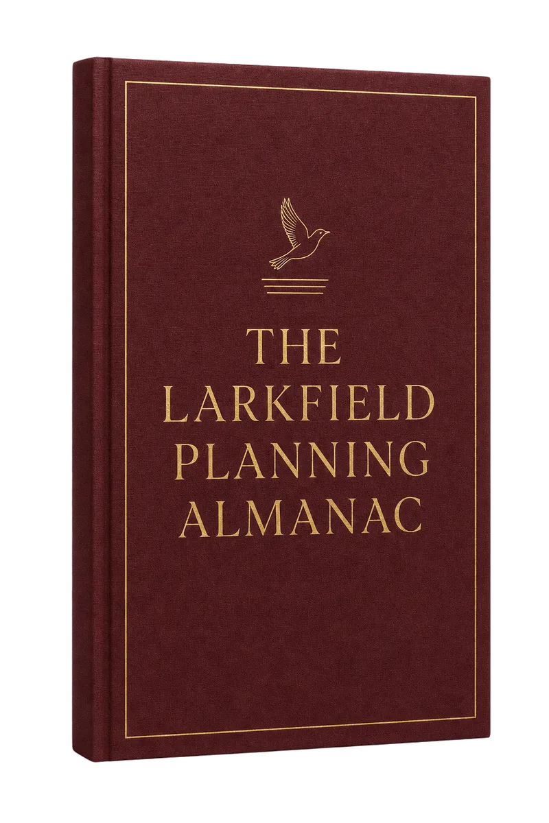 The Larkfield Planning Almanac — a clothbound burgundy planner with a gold title