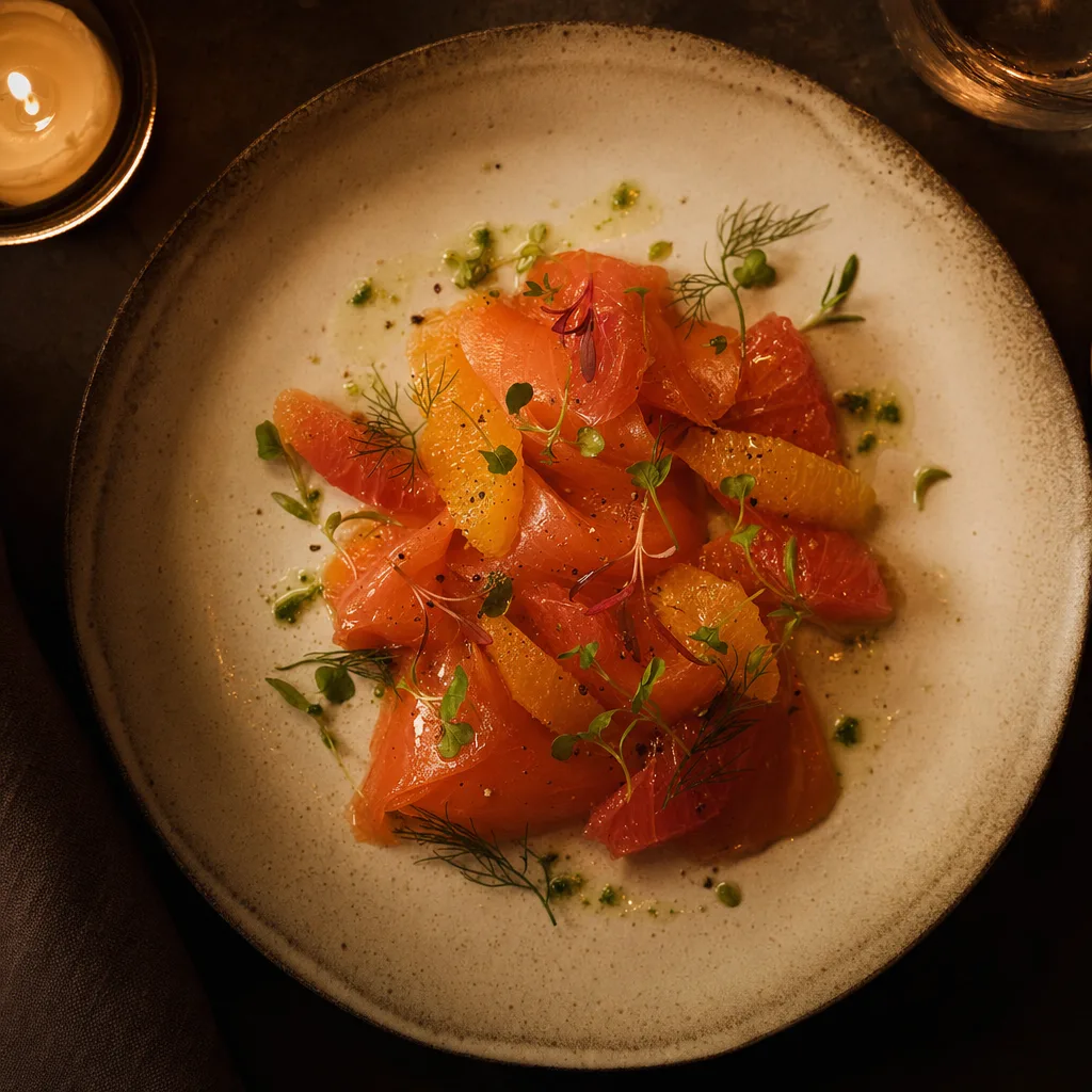 Cured-trout starter with citrus, candlelit
