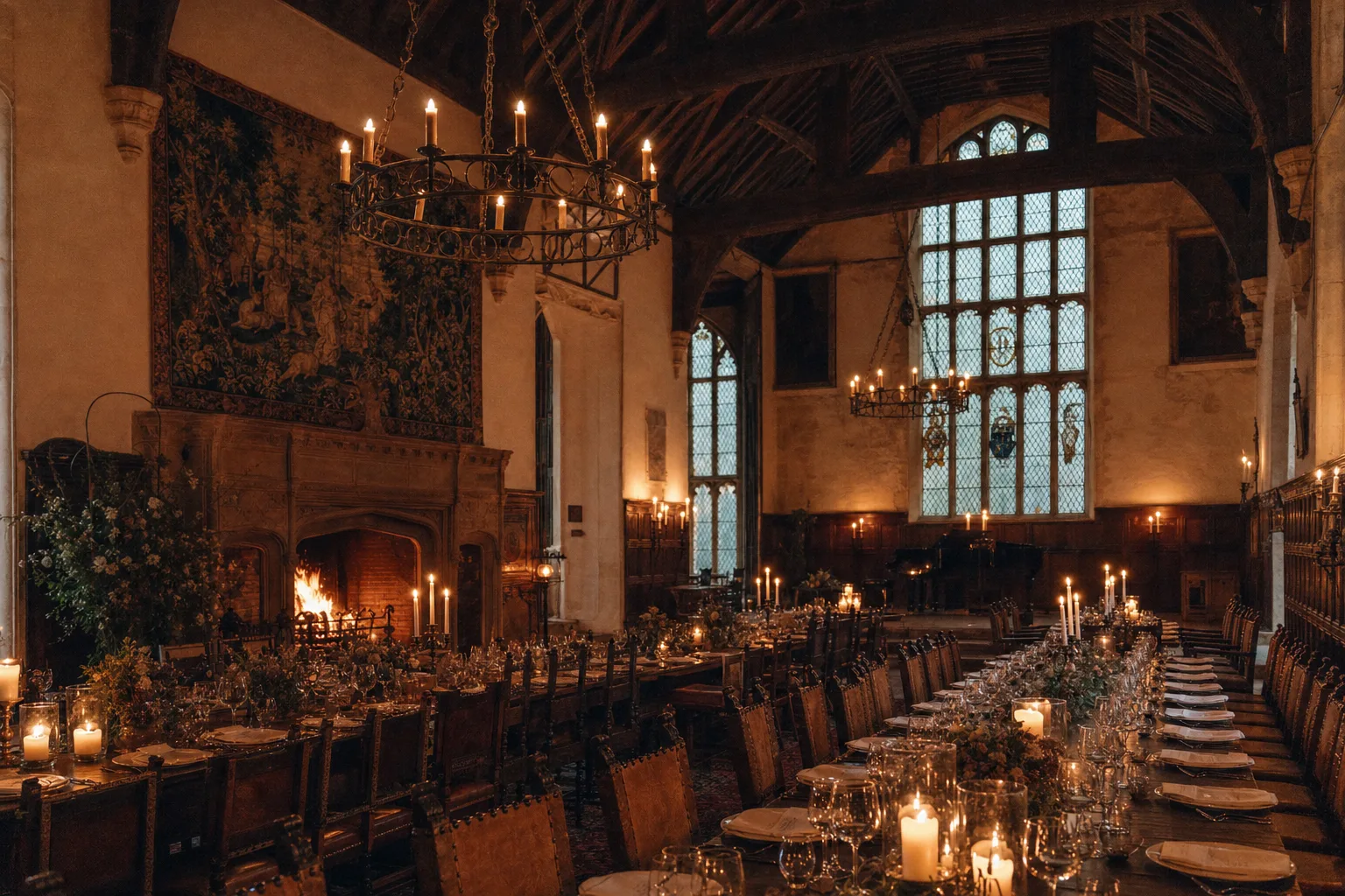 The Great Hall in candlelight, oak beams overhead