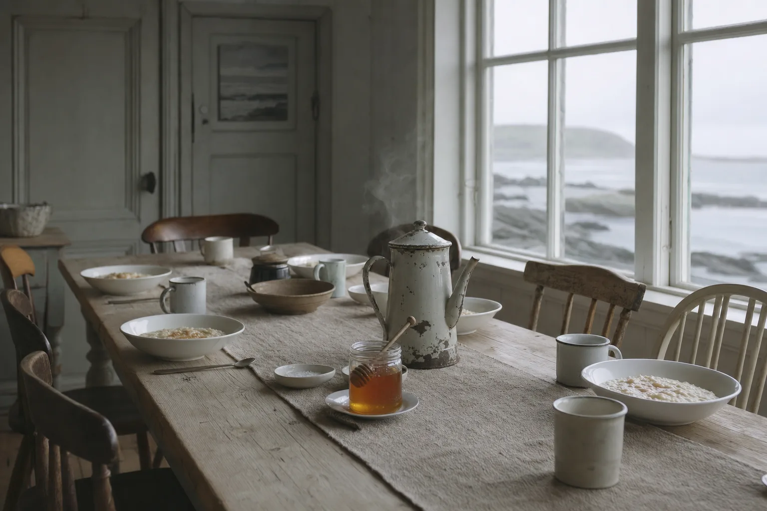 Long breakfast table in low morning light