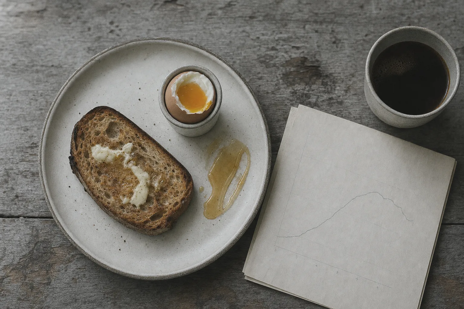 Breakfast plate beside a paper tide chart