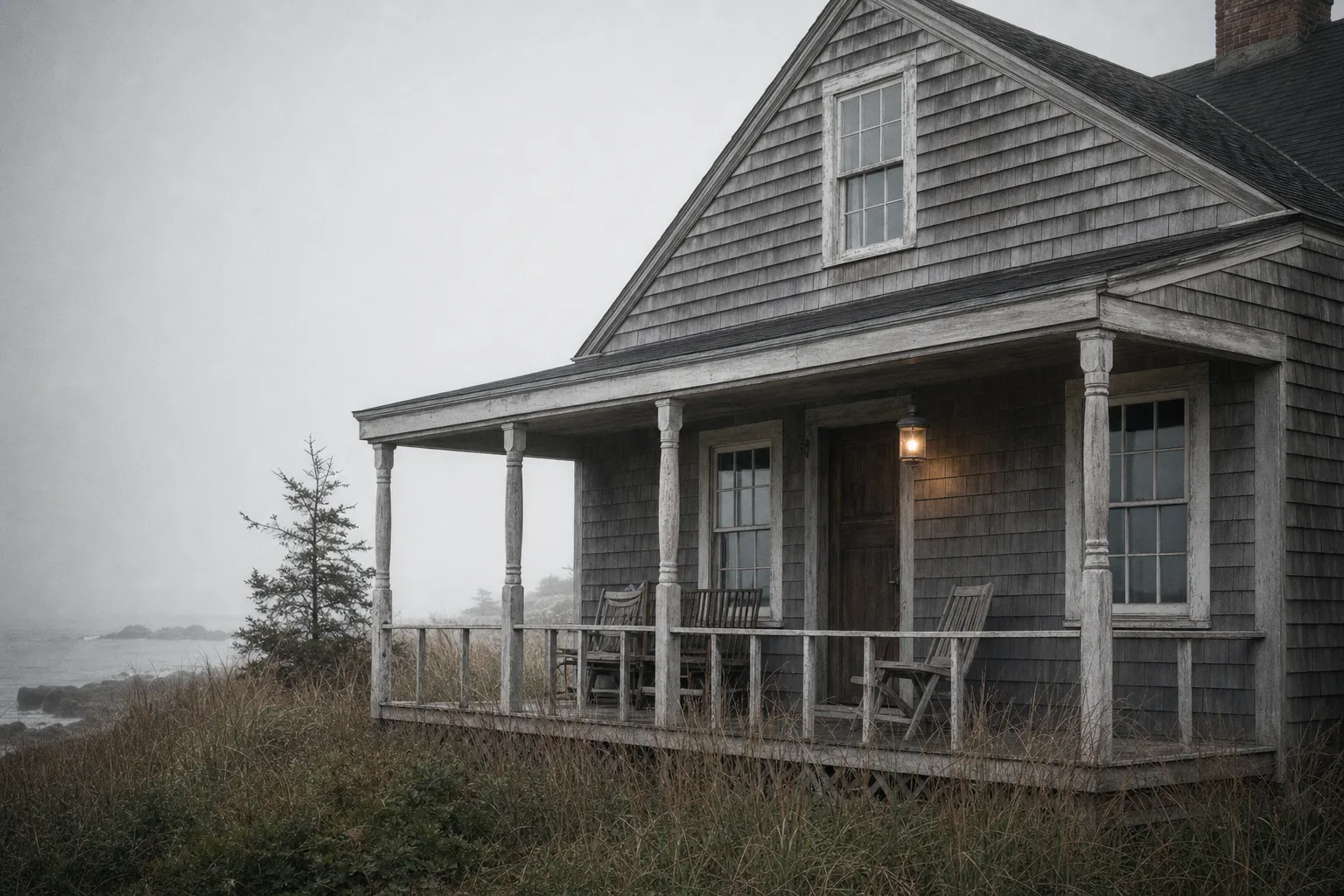Weathered-shingle inn in fog, porch light on