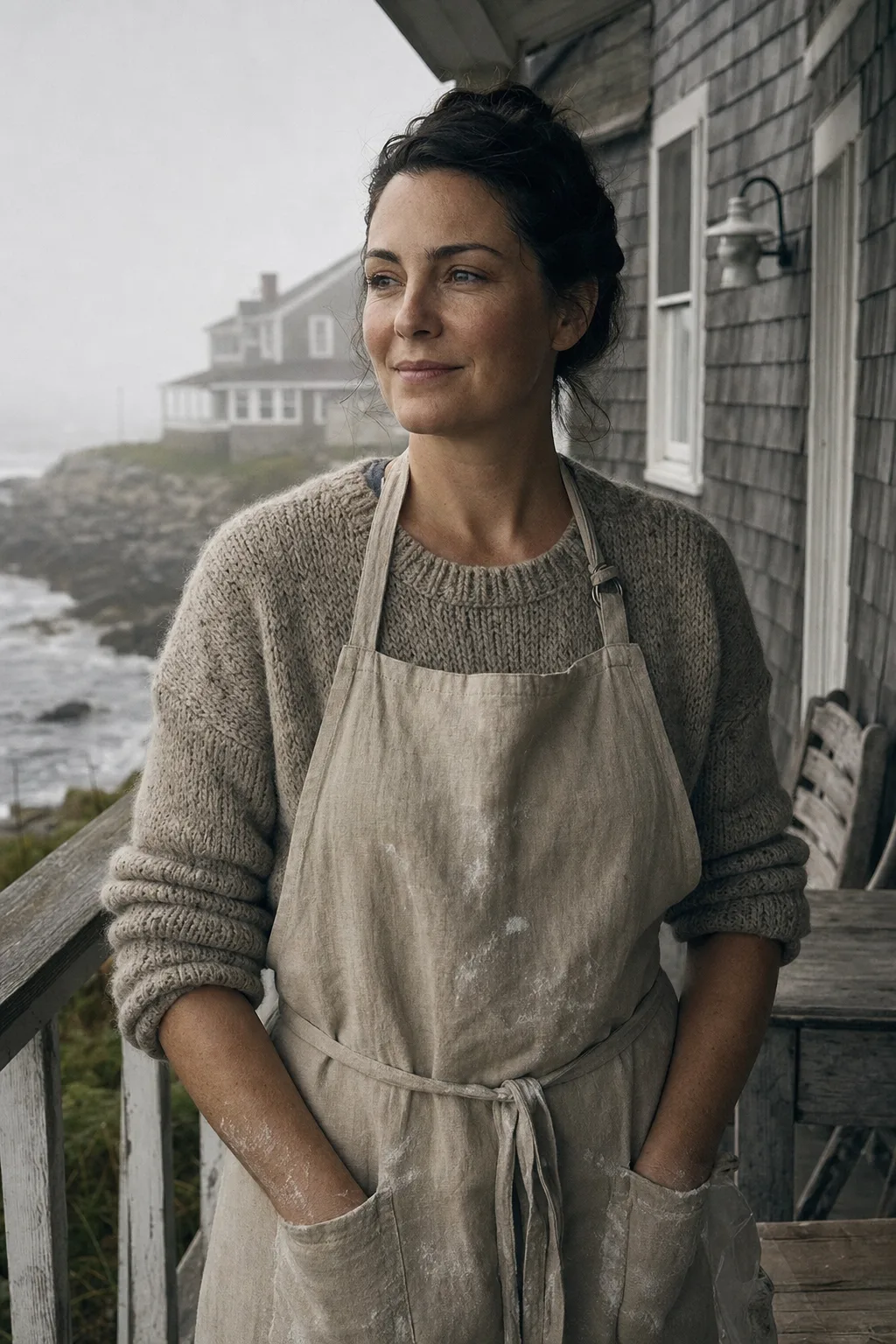 Nell Ashworth-Wood on the inn's porch, fog behind