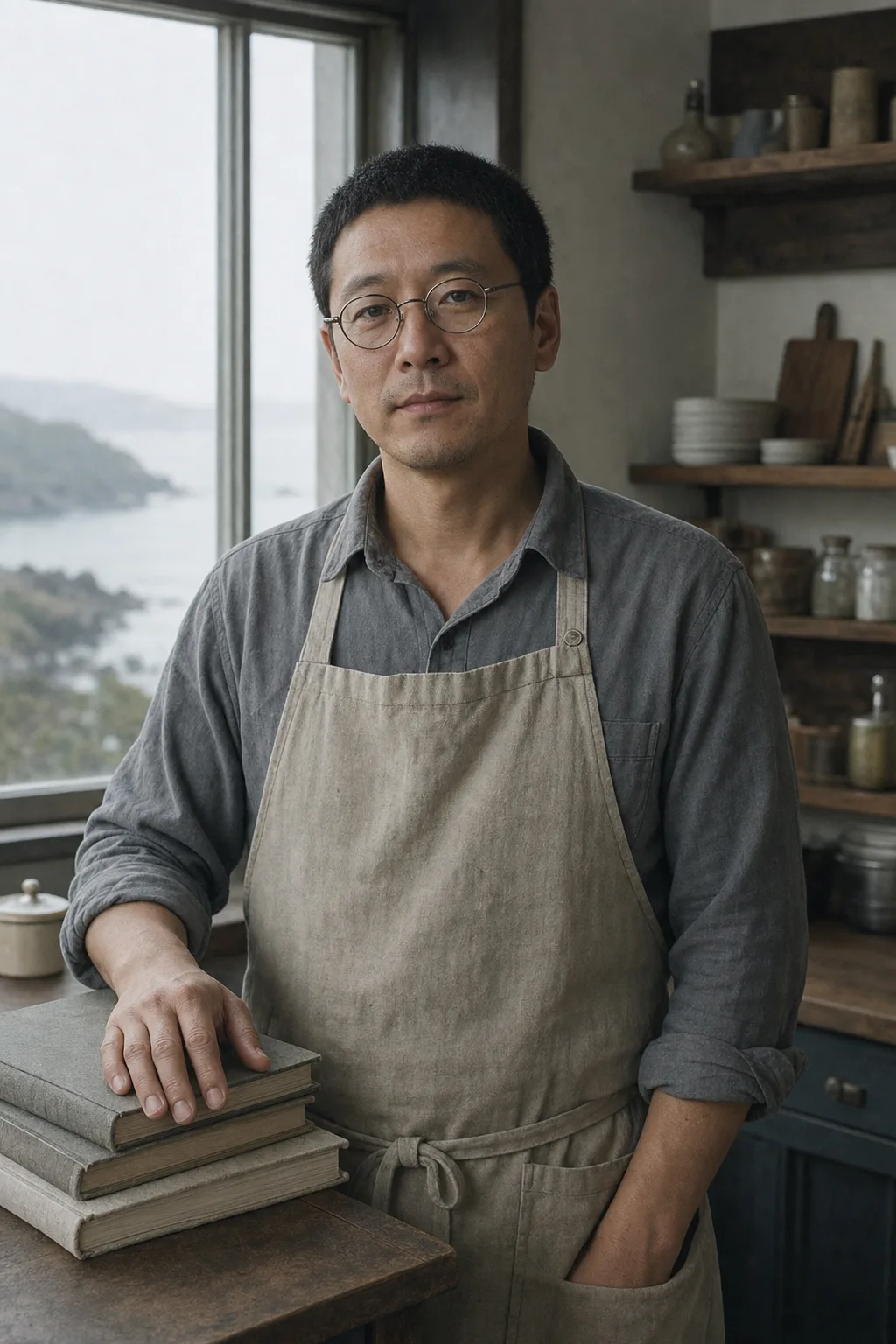 Io Tanaka in the inn's kitchen, morning light