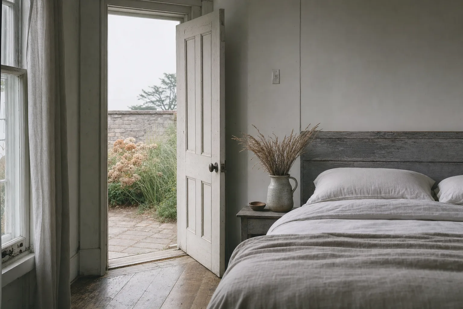 Driftwood — garden-side room in worn wood and linen